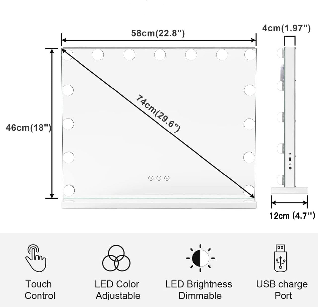 HIEEY Vanity Mirror with Lights, Hollywood Lighted Mirror with 15 Dimmable LED Bulbs, Makeup Mirror with Lights, and 5X Magnification Mirror, 3 Colors Modes,Touch Control, Metal Frame,White