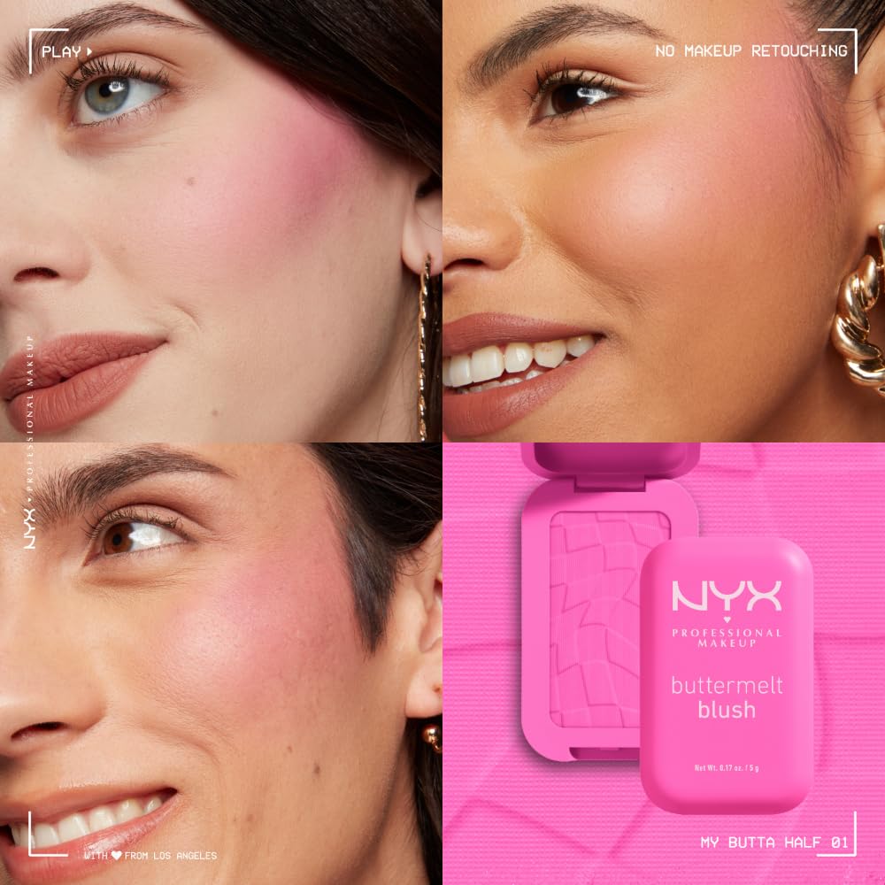 NYX PROFESSIONAL MAKEUP Buttermelt Powder Blush, Fade and Transfer-Resistant Blush, Up to 12HR Make Up Wear, Vegan Formula - My Butta Half