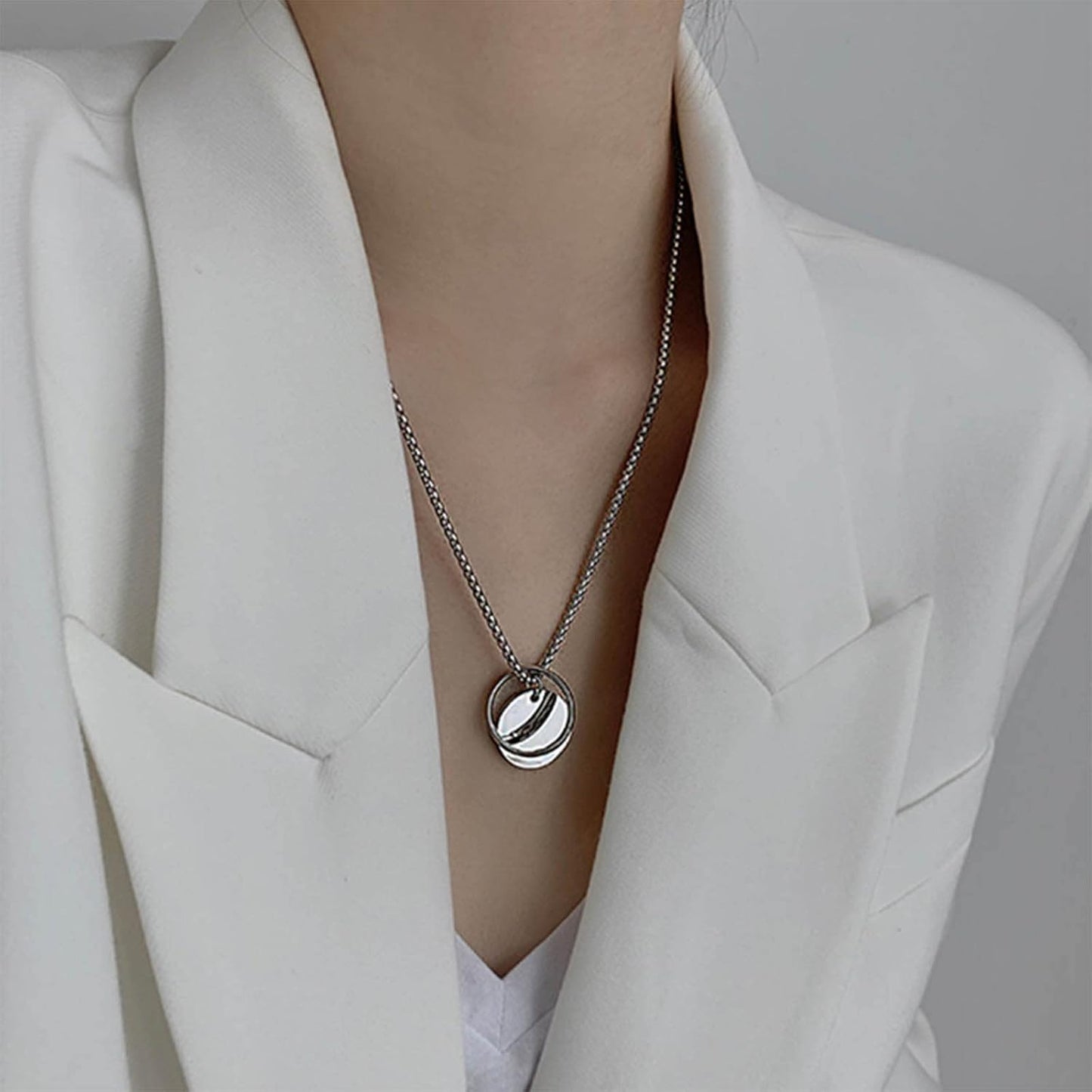 Punk Circle Choker Necklace Coin Disc Pendant Necklace Hiphop Open Circle Necklace Long Silver Hollow Circle Necklace Jewelry for Women and Girls