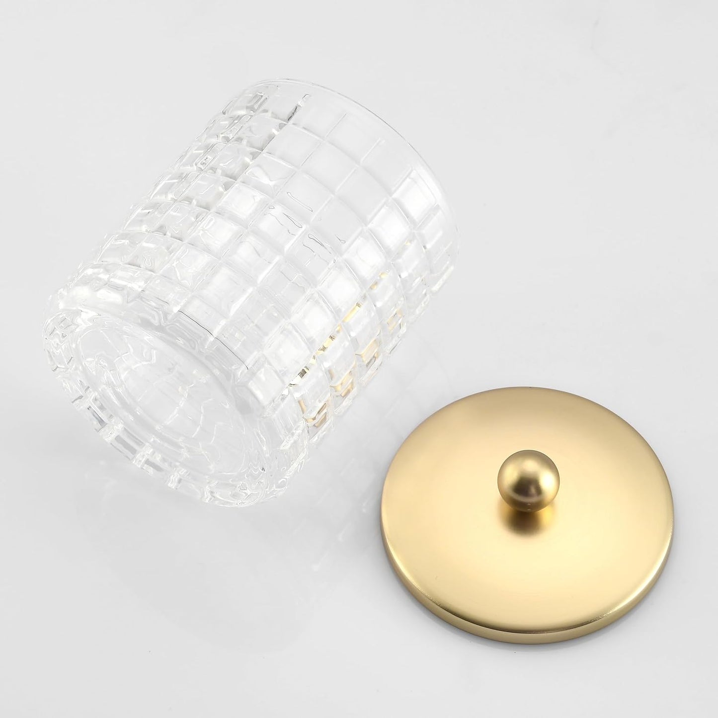 Glass Cotton Jar Holder Matte Gold Lid, Elegant Bathroom Storage Canister for Qtips, Cotton Balls, Floss, Makeup Organizer, Vanity Bathroom Organization