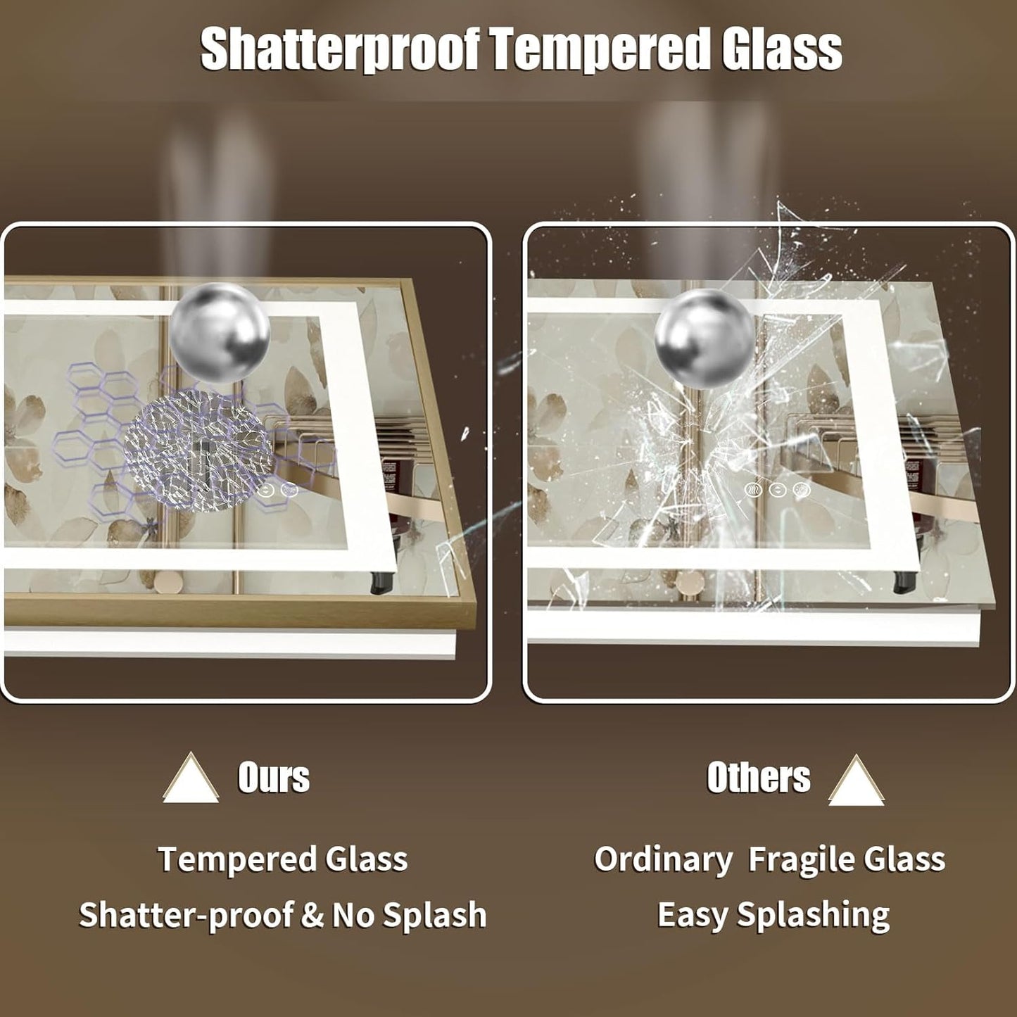 OKPAL 60x40 LED Bathroom Mirror Gold Metal Framed Front Light & Backlit, Lighted Vanity Mirror, Anti-Fog, Dimmable, 3 Colors, Shatterproof, ETL Listed, Horizontal/Vertical