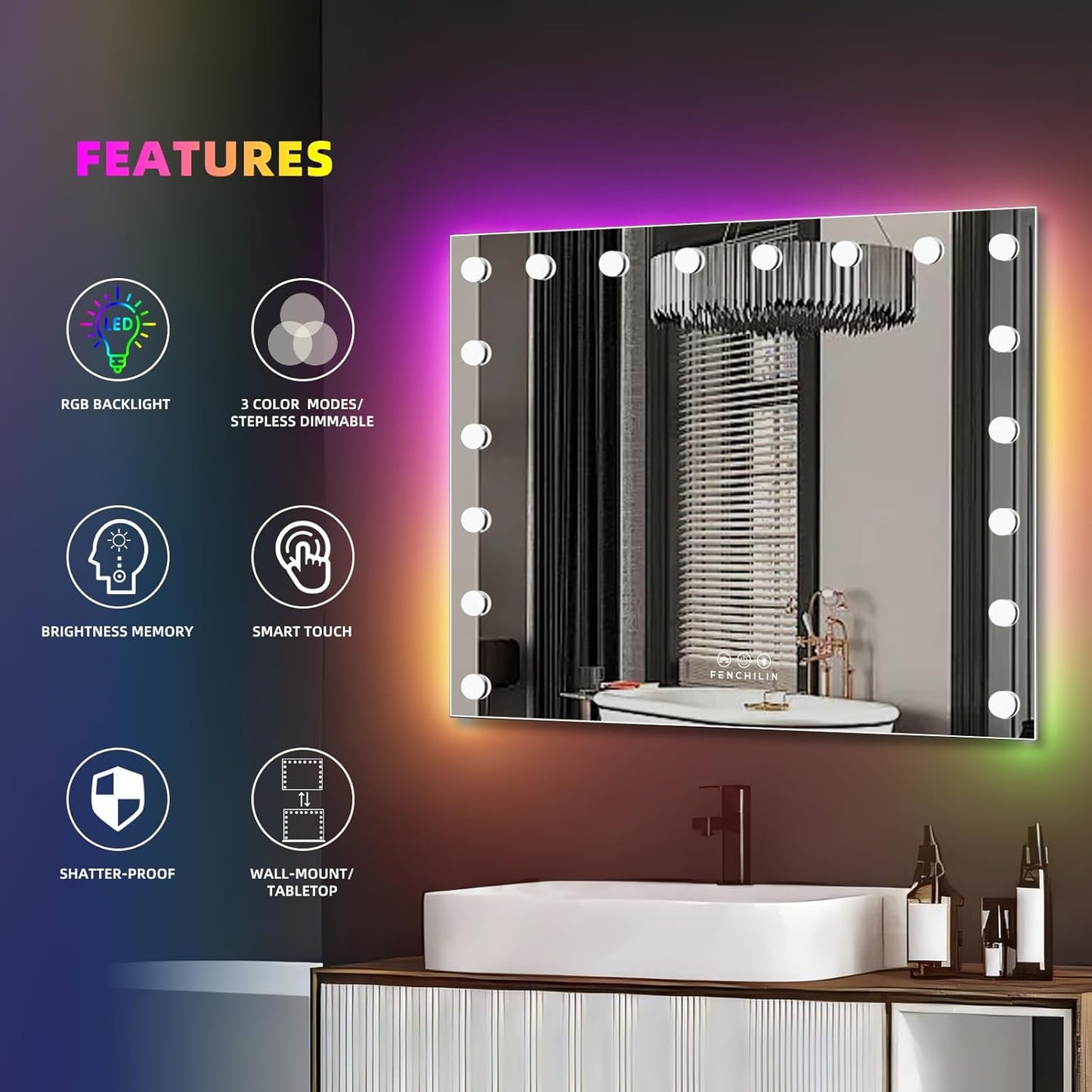 FENCHILIN RGB LED Vanity Mirror with Front Light and RGB Backlit Lighted Hollywood Makeup Mirror with 18 Dimmable Bulbs Smart Touch for Bedroom (32"x23") White