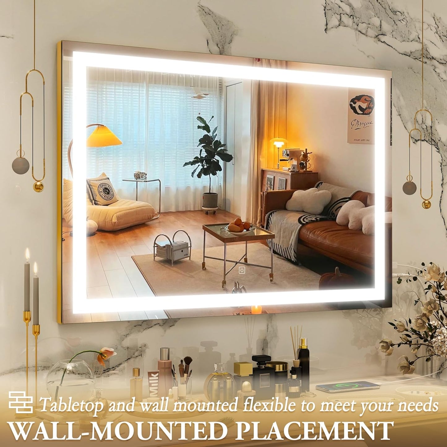 Vanity Mirror with Lights, 32" x 22" Large Lighted Vanity Mirror with Dimmable 3 Modes, LED Makeup Mirror, 10X Magnification, USB Charging Port, Tabletop or Wall-Mounted Square Gold