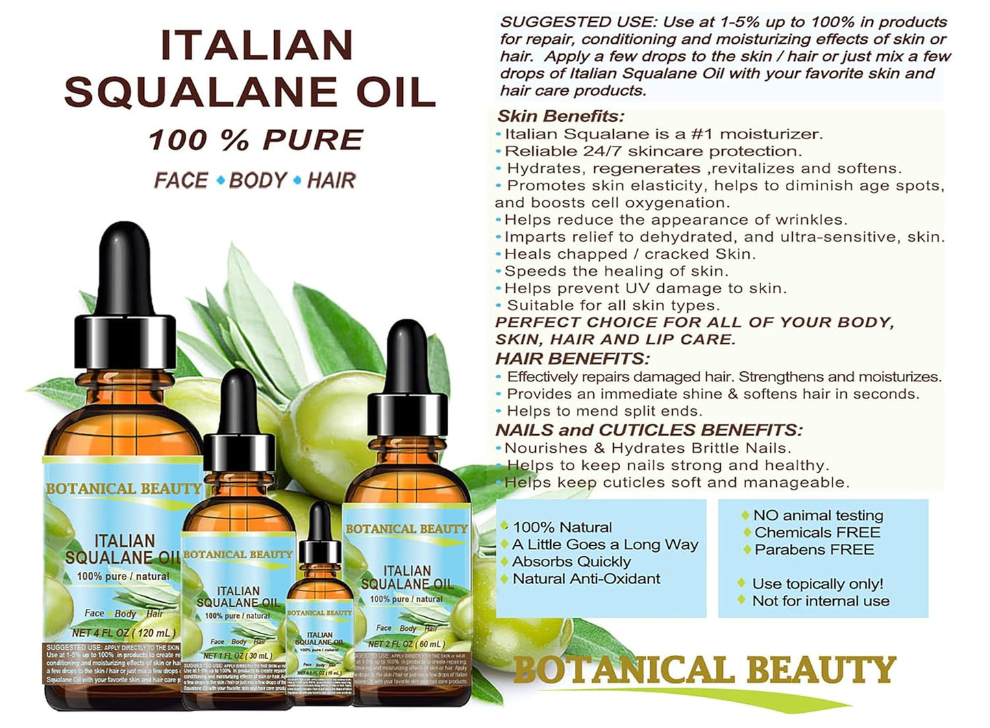 SQUALANE Italian Olive. 100% Pure Natural Undiluted Oil. 1 fl.oz- 30ml. 100% Ultra-Pure Moisturizer for Face, Skin, Body, Hair. Reliable 24/7 Skincare Protection