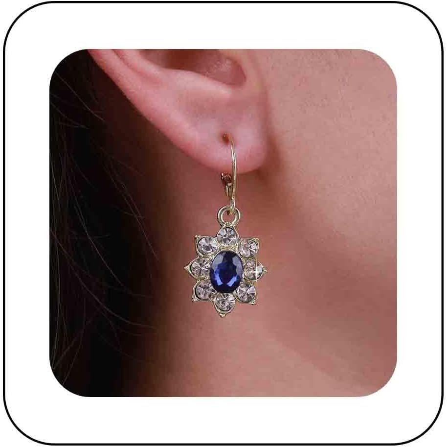 Vintage Crystal Flower Earrings Sapphire Drop Earrings Blue Oval Gem Earrings Gold Rhinestone Huggie Hoop Earrings Jewelry for Women