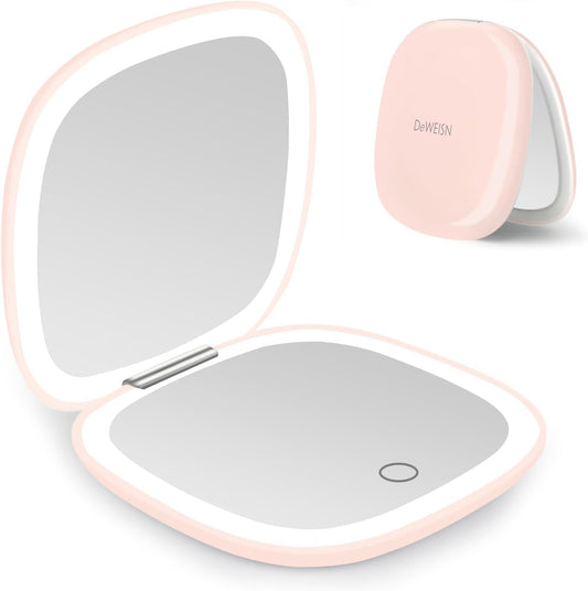 deweisn Compact Mirror, Lighted Travel Makeup Mirror with 1X/10X Magnifying Double Sided Dimmable Portable Pocket Mirror for Handbag and Pocket, USB Charging(Pink)