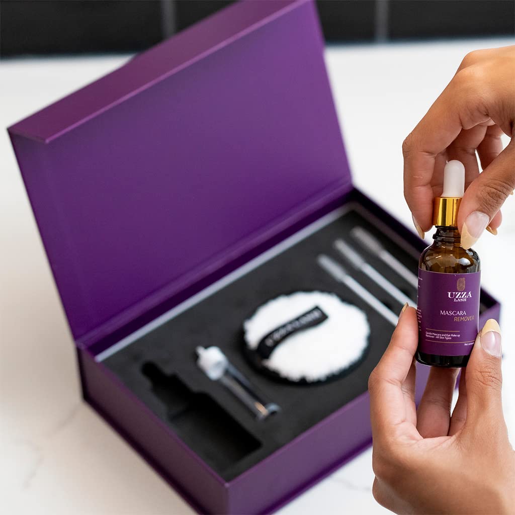 UZZA Lash Eye Makeup Remover - Waterproof Mascara Remover for Sensitive Eyes - Natural Make up Remover - Hygienic Kit Includes Eyelash Brush, Reusable Pads, Cleanser Liquid 1oz