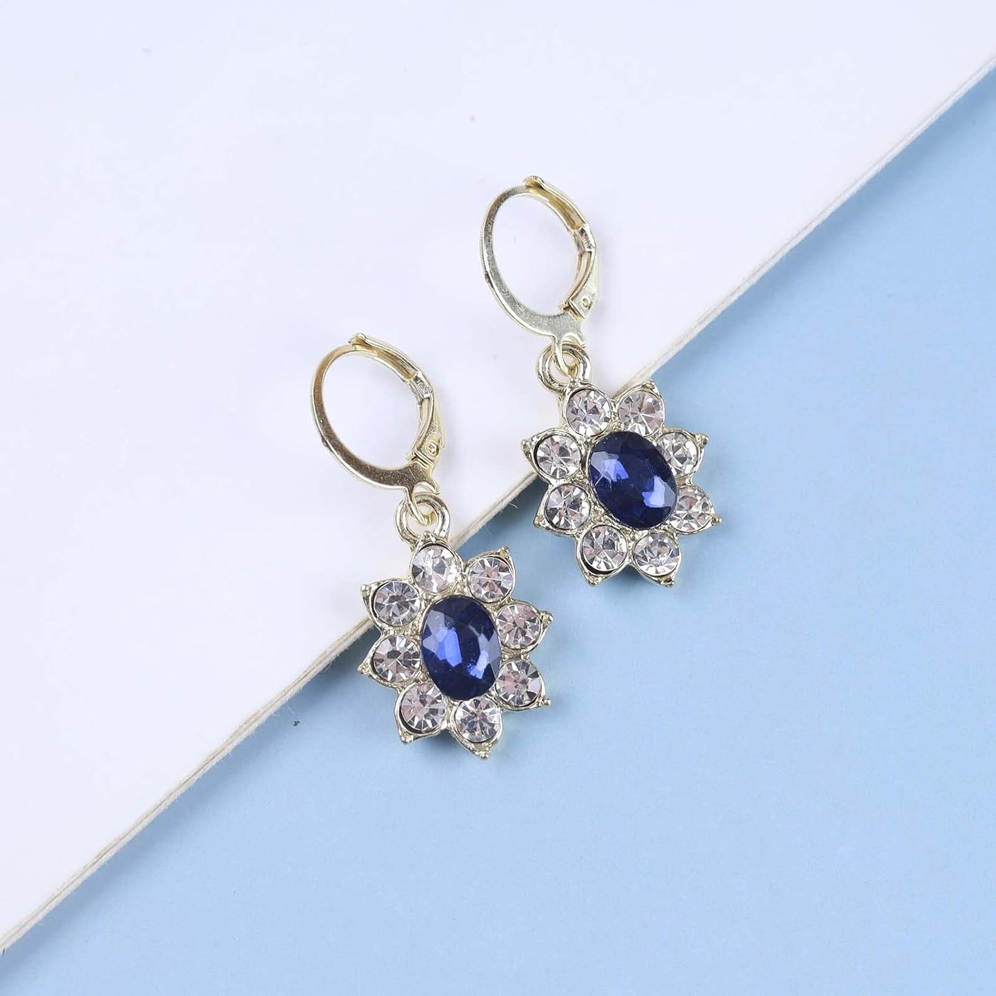 Vintage Crystal Flower Earrings Sapphire Drop Earrings Blue Oval Gem Earrings Gold Rhinestone Huggie Hoop Earrings Jewelry for Women