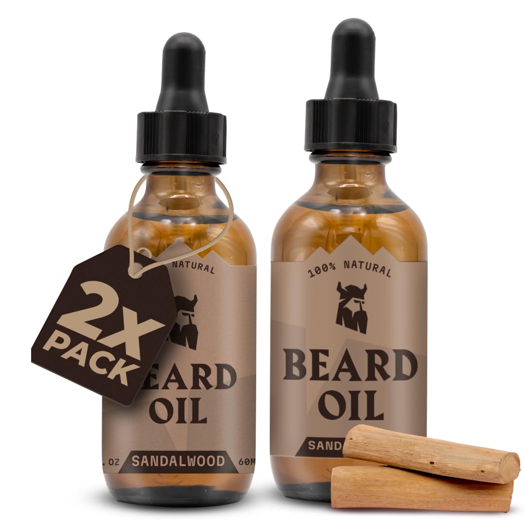 Striking Viking Beard Oil for Men - 2 Fl Oz, 2 Pack, Sandalwood Scent - Naturally Derived Conditioner with Almond, Tea Tree, Argan & Jojoba Oil for Beard Growth, Softening & Moisturizing