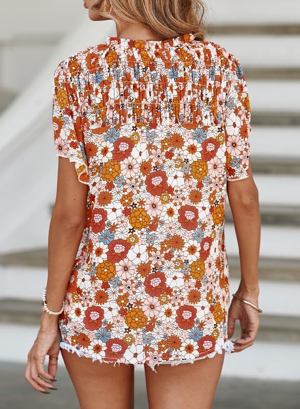 SHEWIN Women's Casual V Neck Floral Print Smocked Short Sleeve Chiffon Blouses Bohemian Top Shirts