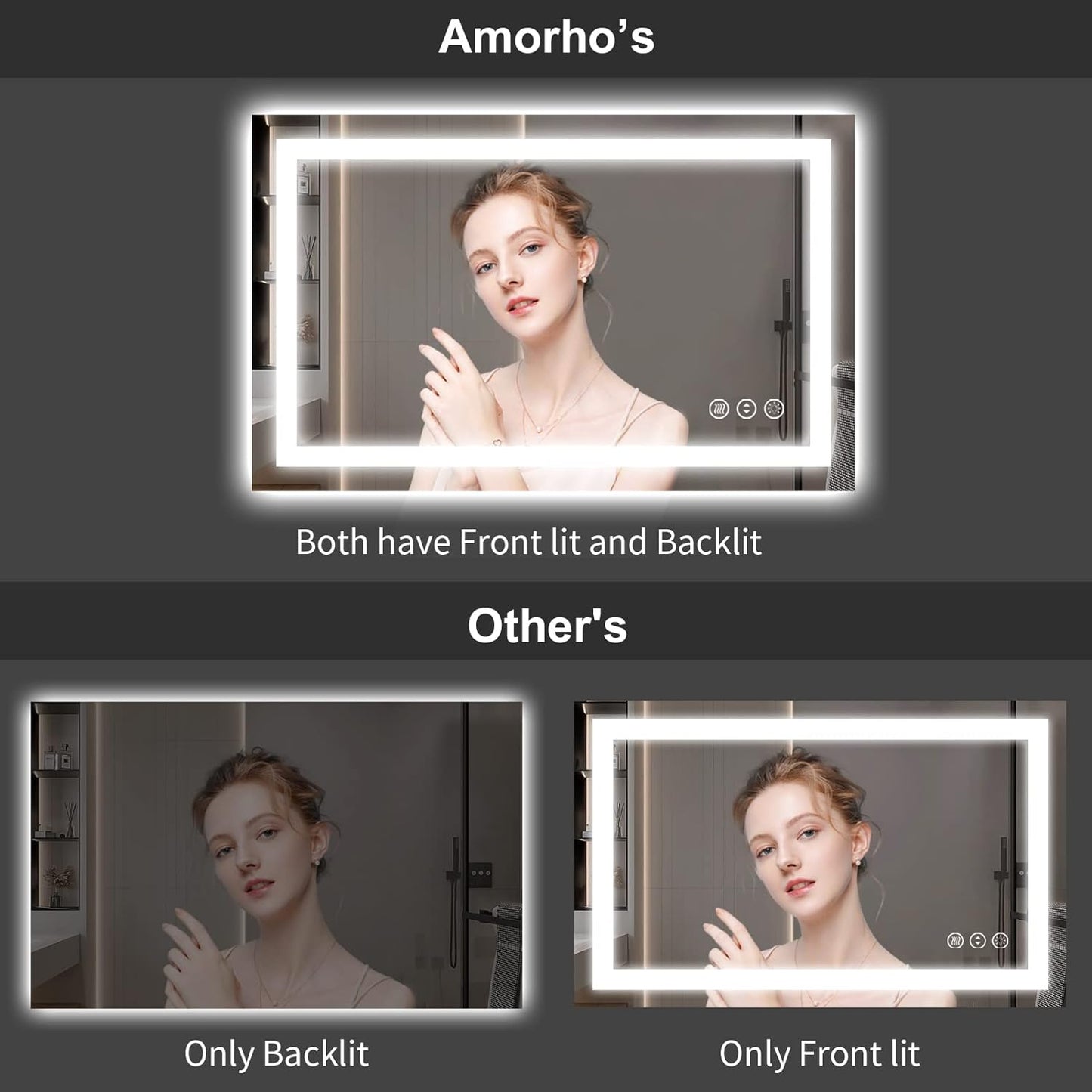 Amorho LED Bathroom Mirror 40'' X30'' with Front Light and Backlit, Stepless Dimmable Wall Mirrors with Anti-Fog, Shatter-Proof, Memory, 3 Colors, Double LED Vanity Mirror (Horizontal/Vertical)