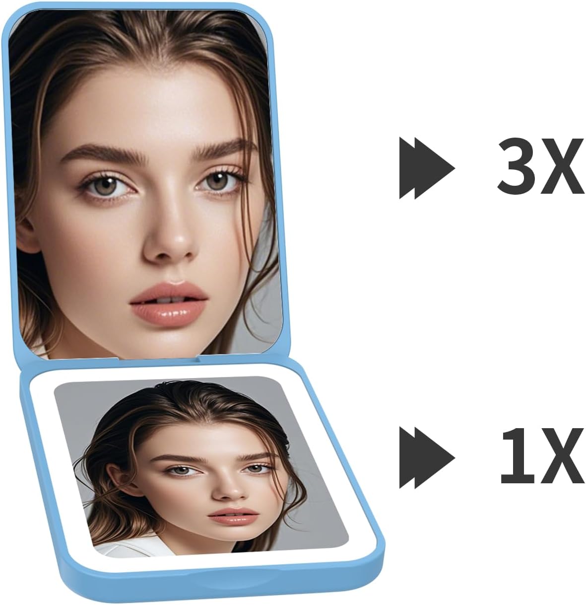 Kintion 2025 Pocket Mirror, Rechargeable Dimmable 3 Color Lighting 1X/3X LED Compact Travel Makeup Mirror for Purse, Portable, Folding, Handheld, Small Lighted Mirror for Women Gift, Blue