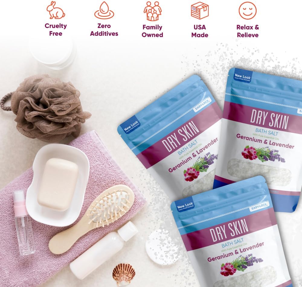Dry Skin Bath Salt (3 Pack with Scoop) Skin Soothing Epsom Salt with Pure Essential Oils in BPA Free Pouch with Press Lock Seal Made in USA Three 2 Lbs Pouches 6 Lbs Total