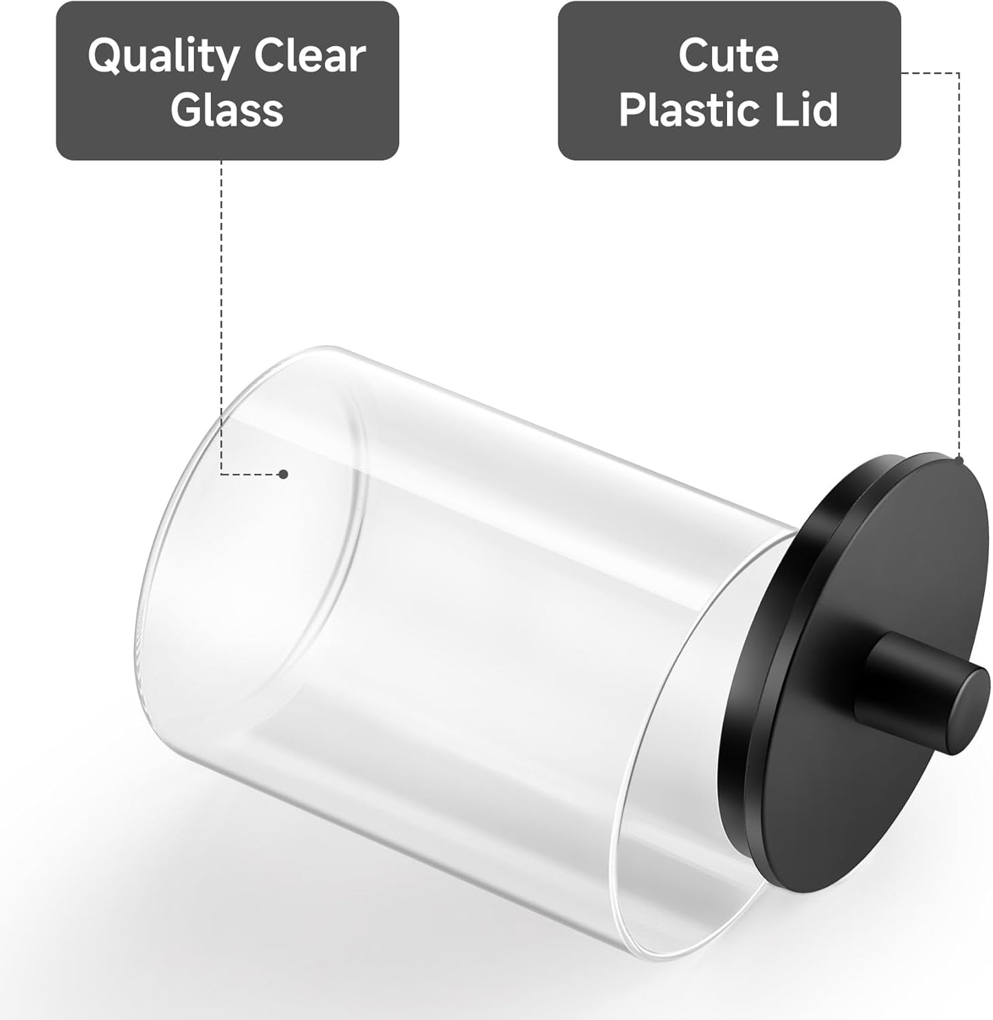 TIPGO Glass Qtip Holder Dispenser for Bathroom - 10 oz Clear Canister Apothecary Jar for Cotton Swabs, Balls, Pads, Floss Picks, Small Containers for Makeup Storage Organizer (4 Pack, Black)
