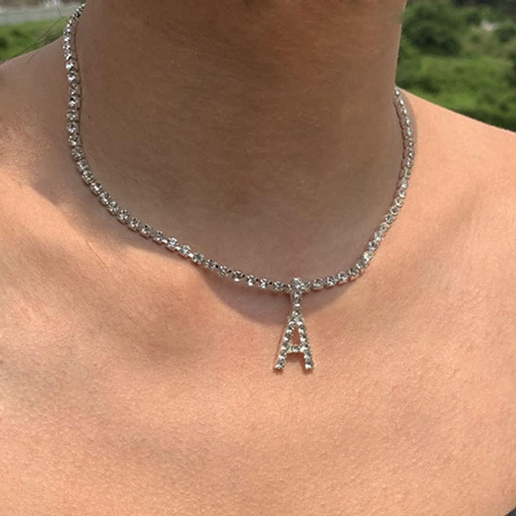 Silver Choker Necklace Rhinestones Shinning Letter M Fashion Letter A Sparkly Letter S Jewelry for Women Girls