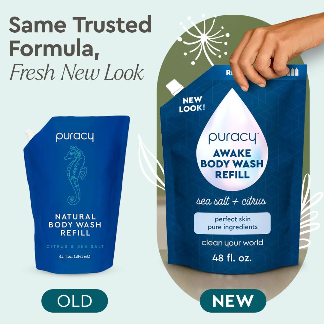 Puracy Body Wash Refill, Natural Body Wash, 98.6% Pure Plant Ingredients, Moisturizing Shower Gel for Women Men Kids, Body Soap for Dry Sensitive Skin Gently Scented with Citrus & Sea Salt, 48 Oz