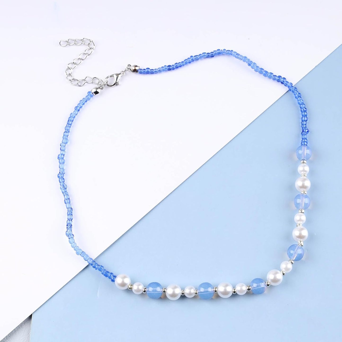 Boho Pearl Choker Necklace Vintage Blue Heishi Surfer Choker Imitation Pearl Necklace Chain Vinyl Seed Beads Necklace Summer Beach Bohemian Necklace Jewelry for Women and Girls