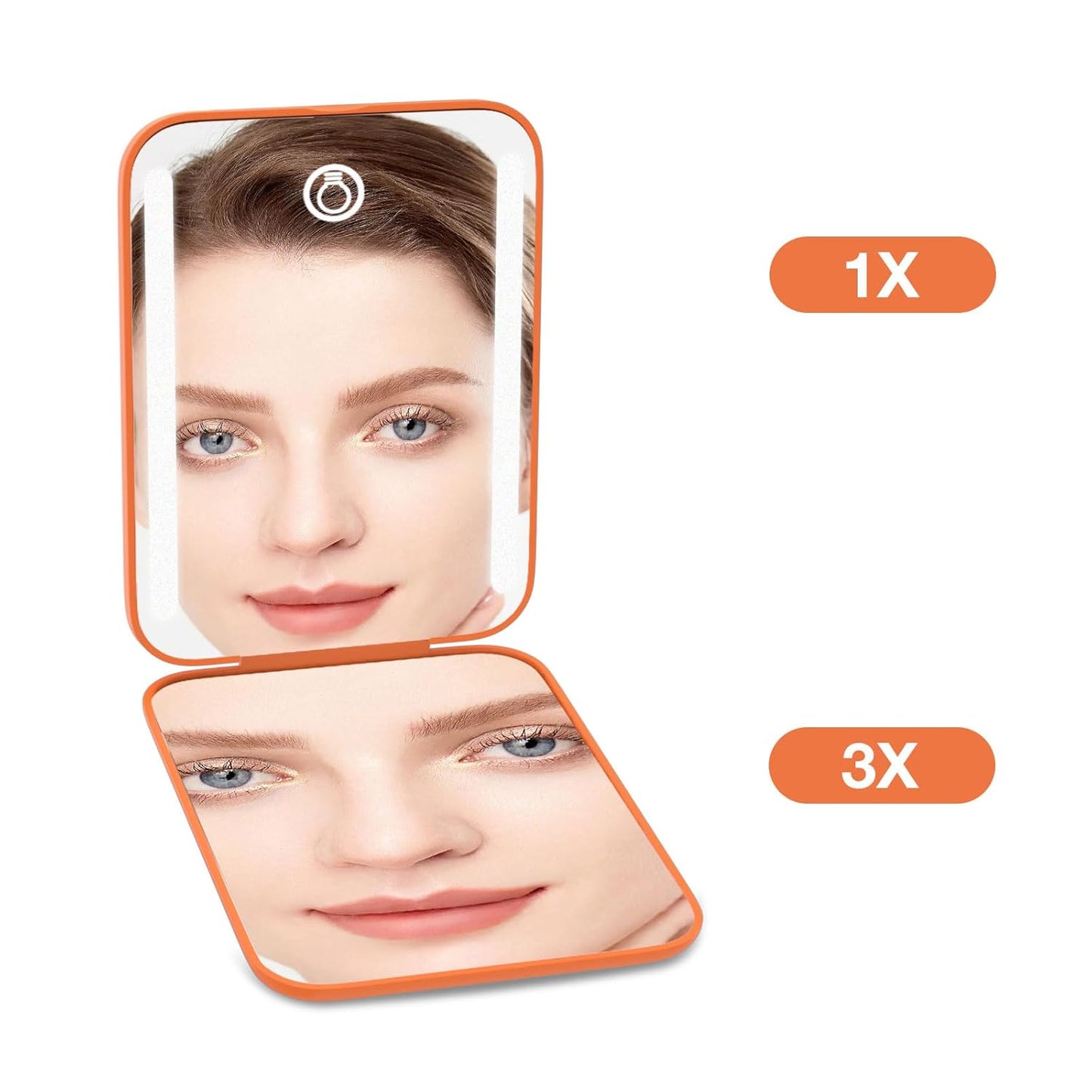 Kintion Rechargeable Pocket Mirror, Double Sided 1X/3X Magnification Compact Vanity Mirror, 3 Color Lights, Dimmable, Small Portable Wallet Mirror, Lighted Travel Mirror for Women Gifts, Orange