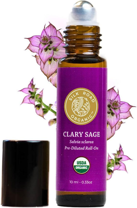 Silk Road Organic Clary Sage Essential Oil Roll On, 100% Pure USDA Certified Aromatherapy for PMS, Stress & Mental Clarity - 10 ml Roller - Always Pure, Always Organic