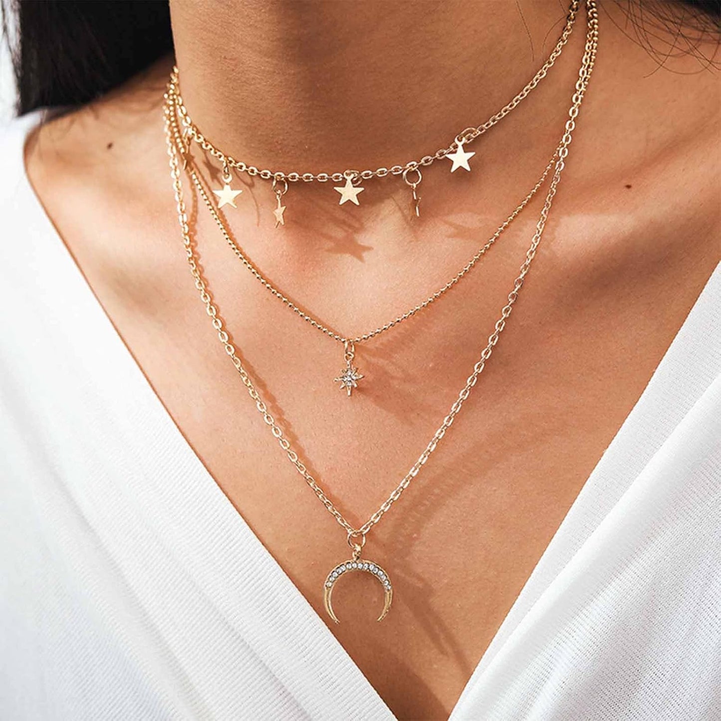 Boho layered moon star choker necklace crystal northstar necklace cz moon pendant necklace gold star dangle necklace jewelry for women