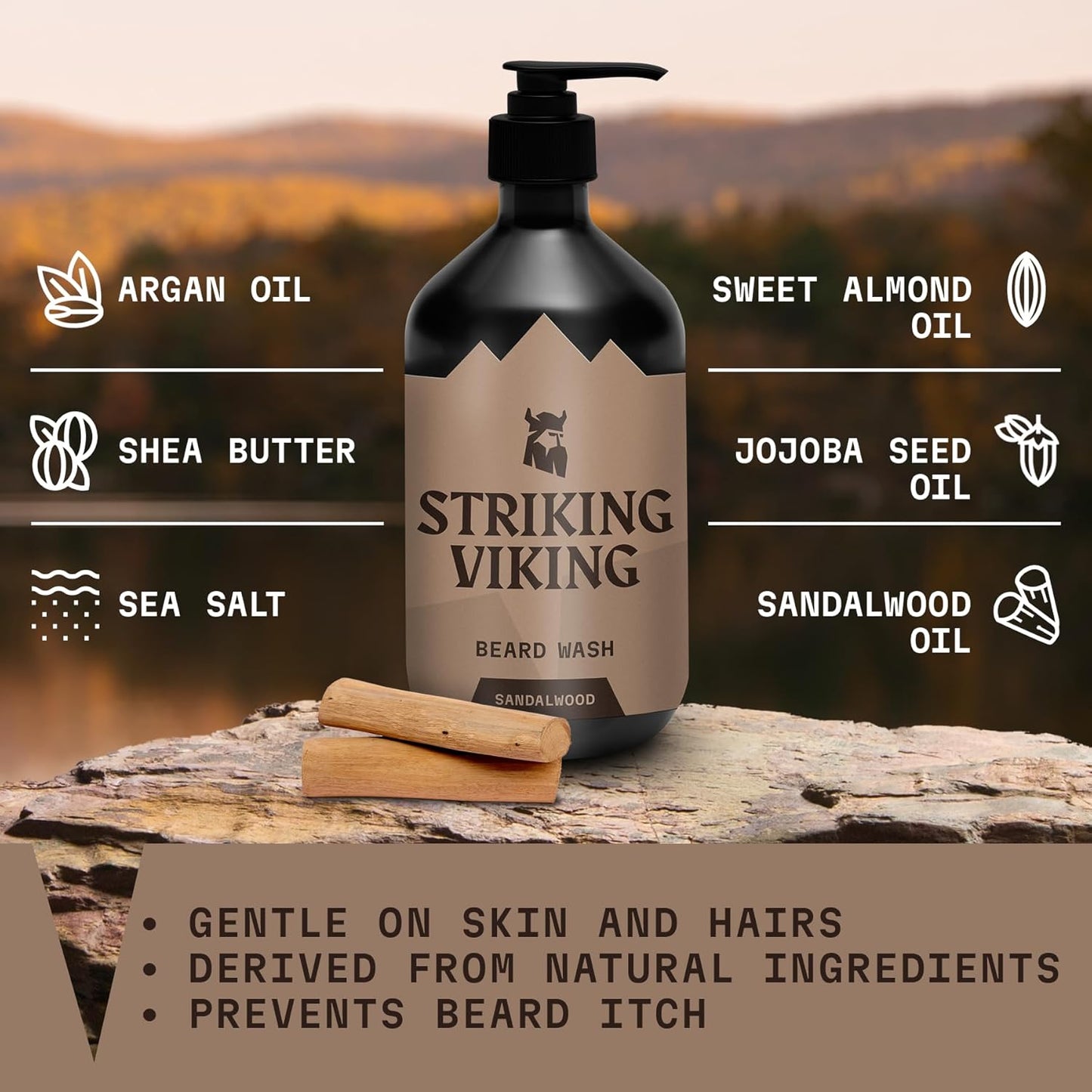 Striking Viking Sandalwood Beard Wash/Shampoo for Men - 17 Oz, Paraben & Sulfate Free, Jojobal Oil for all Beard Types - Promotes Healthy Growth & Moisturizes