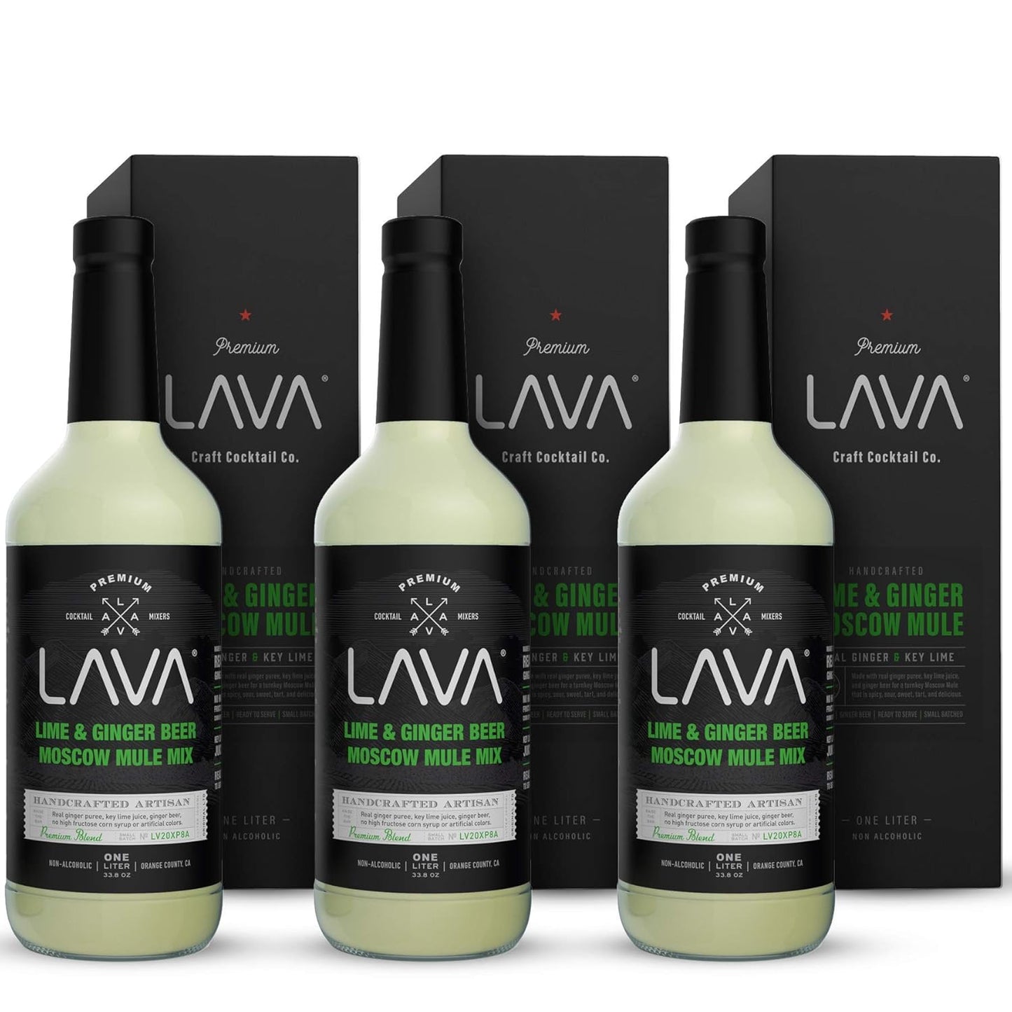 (3 Pack) LAVA Premium Spicy Moscow Mule Mix by LAVA Craft Cocktail Co., Made with Ginger Beer, Key Lime Juice, Real Ginger Puree, No Artificial Sweeteners, Ready to Use, 1-Liter (33.8oz) Glass Bottle