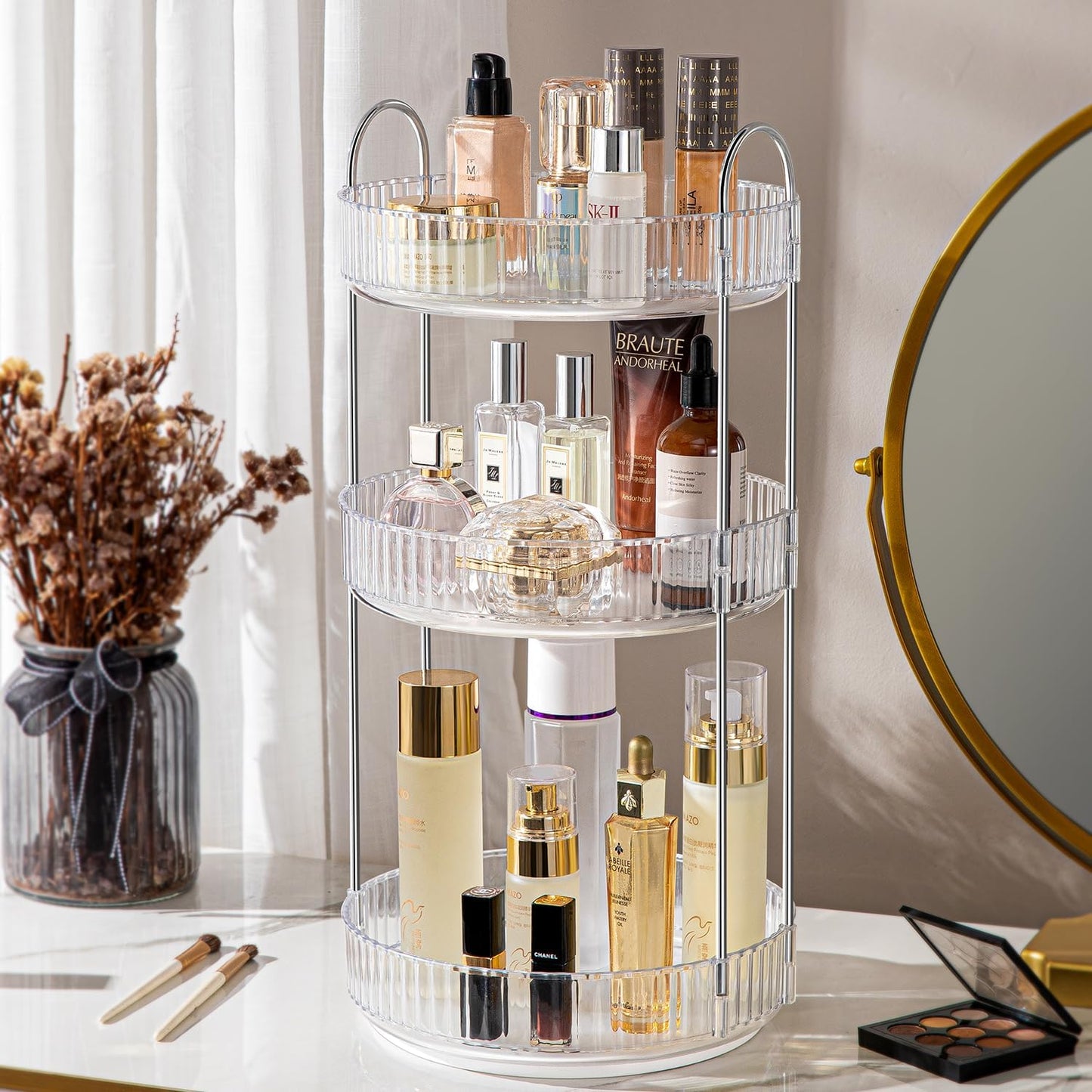 360° Rotating Makeup Organizer for Vanity, Spinning Cosmetics Organizer Holder Rack, Large Capacity Bathroom Organizer Countertop, Fits Perfume, SkinCare, Makeup Brushes 3 Tiers, Transparent