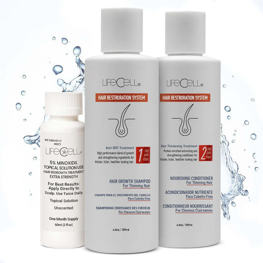 LifeCell Hair Restoration System for Women 2% – Hair Growth Treatment with Minoxidil, Anti-DHT Shampoo & Conditioner – Thicker, Fuller Hair – Supports Scalp Health & Hair Regrowth – 16.8 Fl Oz