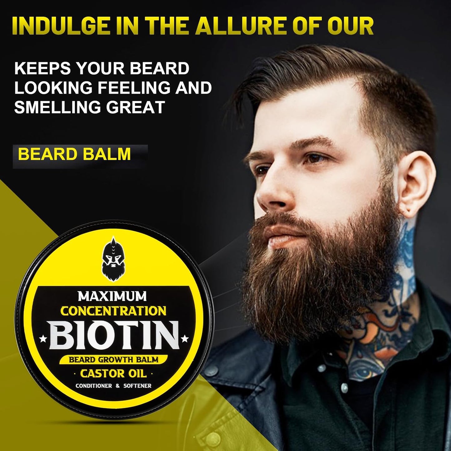 Beard Balm, Maximum Concentration BIOTIN, with Castor Oil and Argan & Jojoba Oils, Promotes Beard Growth, Styles, Strengthens & Softens Beards & Mustaches, 2 Ounce，Sandalwood