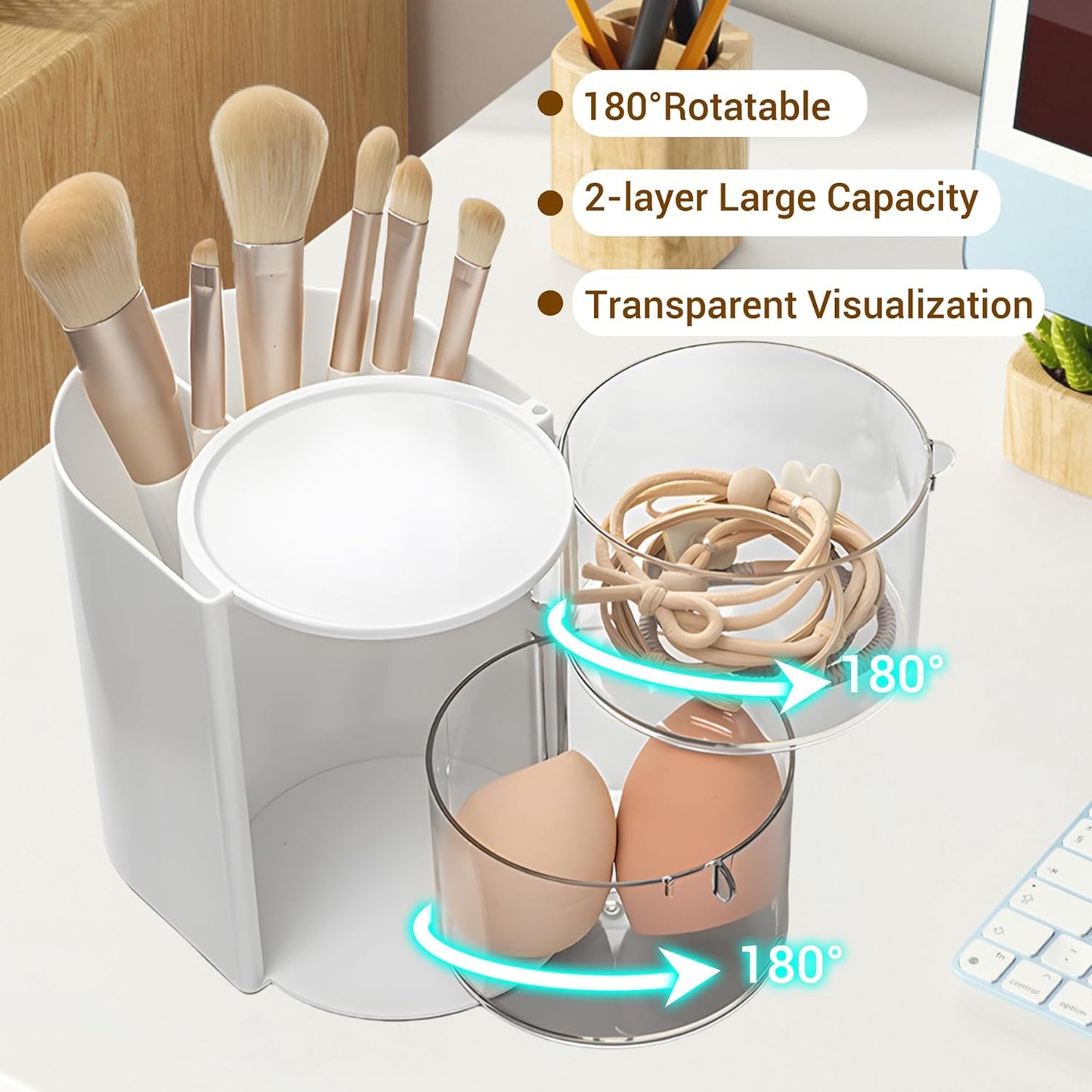 Hair Accessories Organizer with Hair Brush Holder, Rotatable Makeup Brush Holder for Necklaces, Earring, Bracelet, Ring, Makeup Brushes, Hair Clip and Hair Accessories (White, 2-Layer)