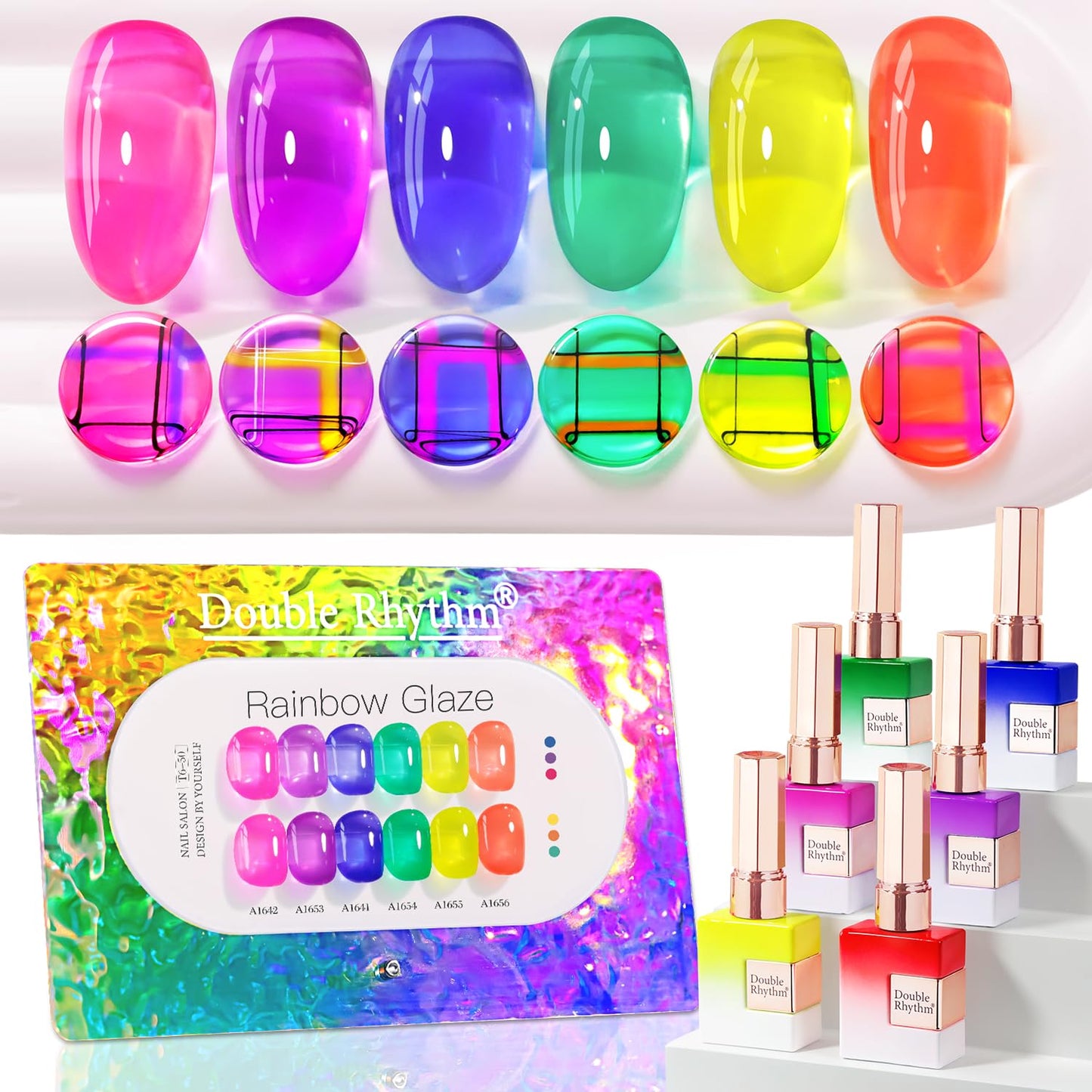 Double Rhythm 6 Pcs 15 ML Gel Polish Set Same Color Same Bottle Soak Off Jelly Neon Gel Polish Kit Nail Art Manicure Salon DIY at Home (Pink Purple Blue Green Yellow Green-T6-50)