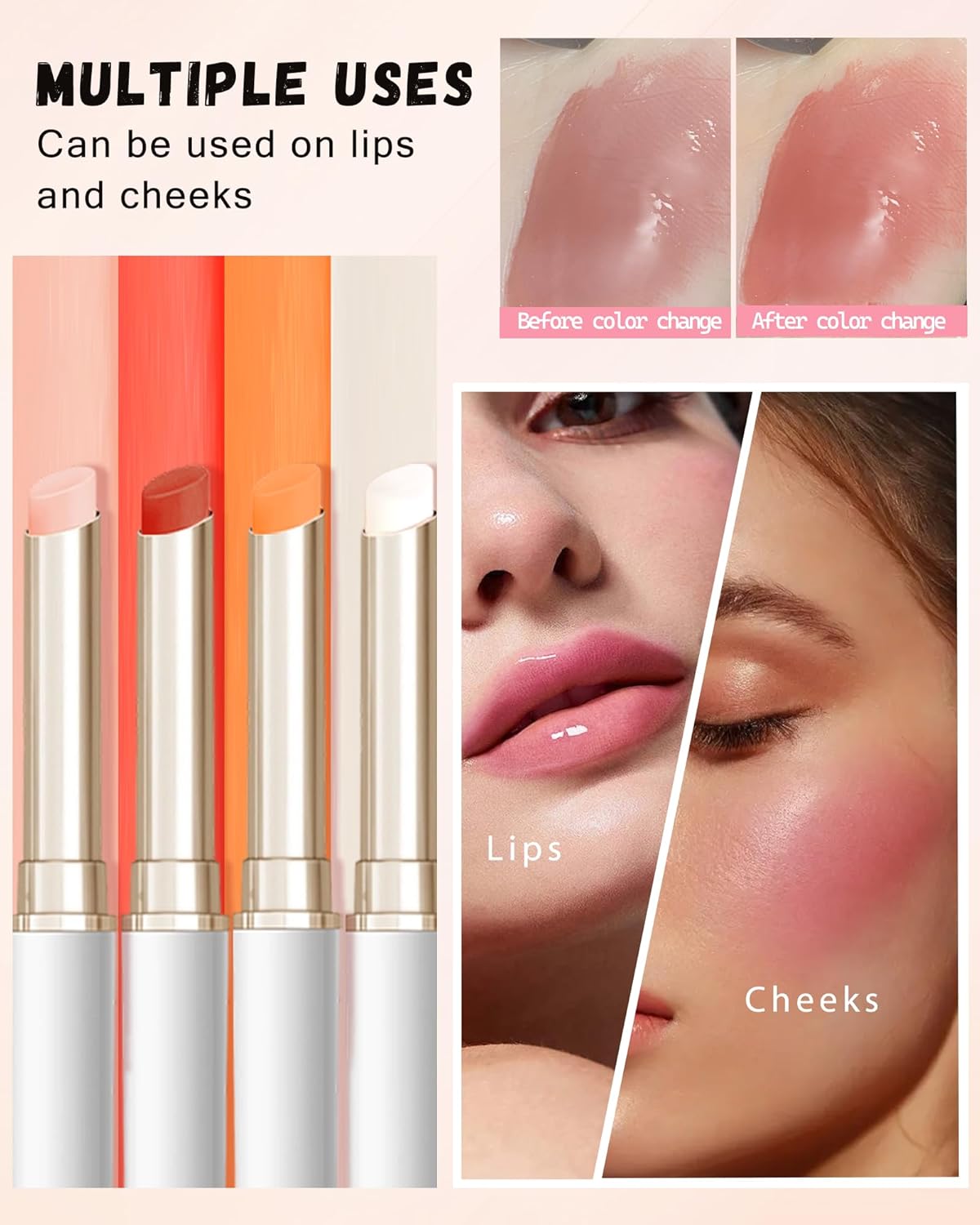 PH Color Changing Lipstick, Waterproof Temperature Color Change Lip Balm, Multi-Use Lip and Cheek Tinted Lip Gloss, Long-Lasting Hydrating Moisturizing Lip Tint,Festival Makeup Gift for Women-03 Peach