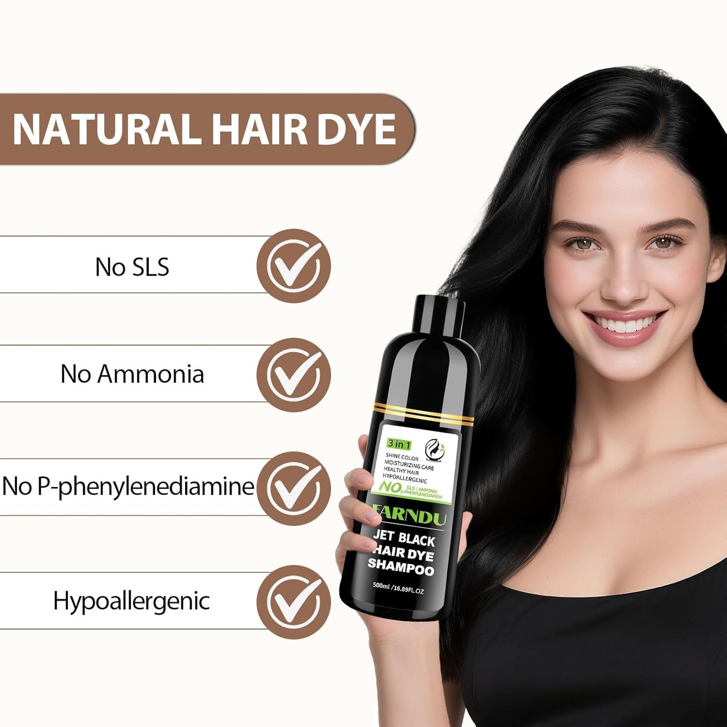 Jet Black Hair Dye Shampoo Ammonia-free & PPD-free, Natural Herbal Ingredients 3 in 1 Hair Color Shampoo for Women Men Gray Hair Coverage