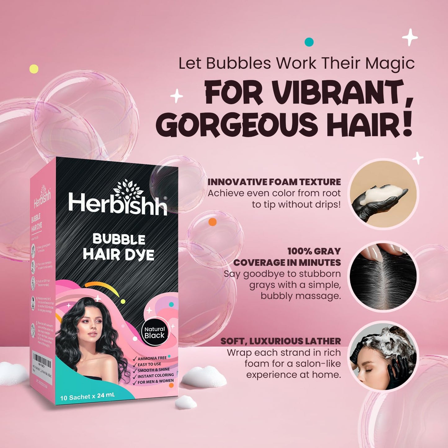 Herbishh Bubble Foam Hair Dye Shampoo, 3 in 1 Dye for 100% Grey Coverage, Permanent & Instant Hair Coloring for Men & Women, Long-lasting & Travel-friendly, Ammonia-free, 10 Sachet x 24 ml (Black)