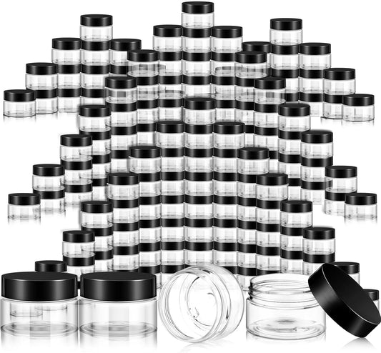SATINIOR 100 Pcs Plastic Jars with Lids Small Containers Lids Wide Mouth Small Plastic Containers for Lotion Cream Rhinestones Body Butters Travel Storage(2 oz,Black)