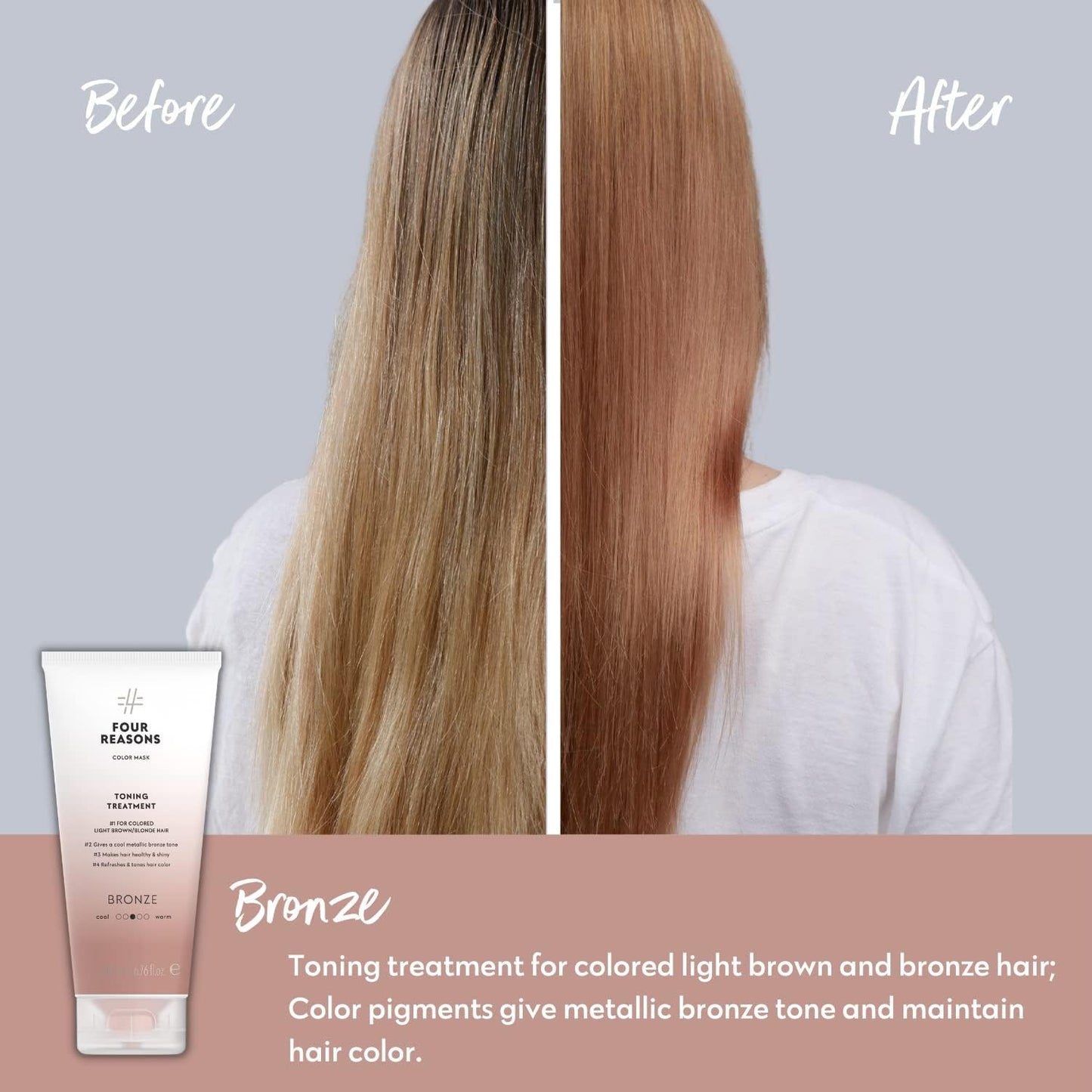 FOUR REASONS Color Mask - Bronze - (19 Colors) Toning Treatment, Color Depositing Conditioner, Tone & Enhance Color-Treated Hair - Semi Permanent Hair Dye, Vegan and Cruelty-Free, 6.76 fl oz