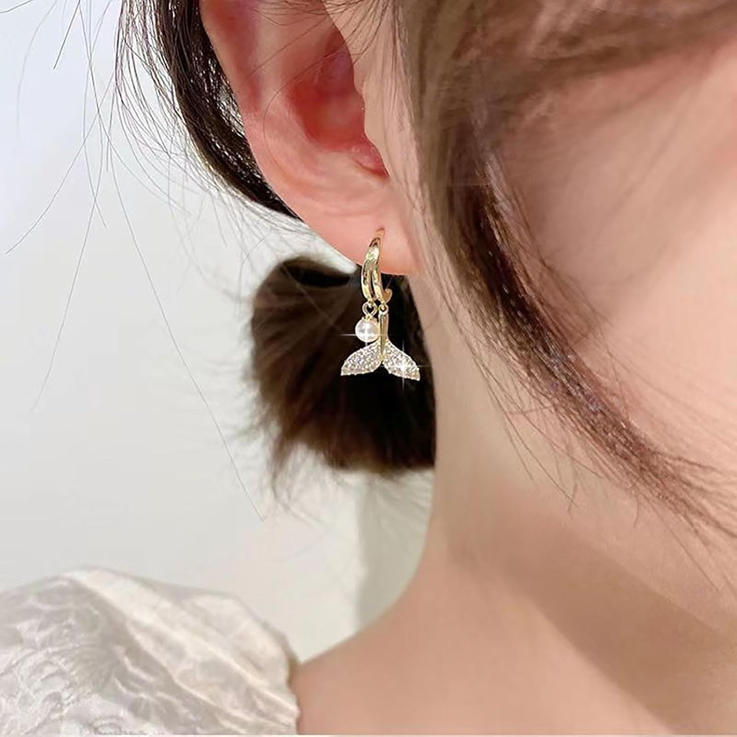 Boho Crystal Pearl Dangle Earrings Cz Mermaid Tail Stud Earrings Gold Pearl Hoop Earrings Vintage Whale Tail Earrings Jewelry for Women