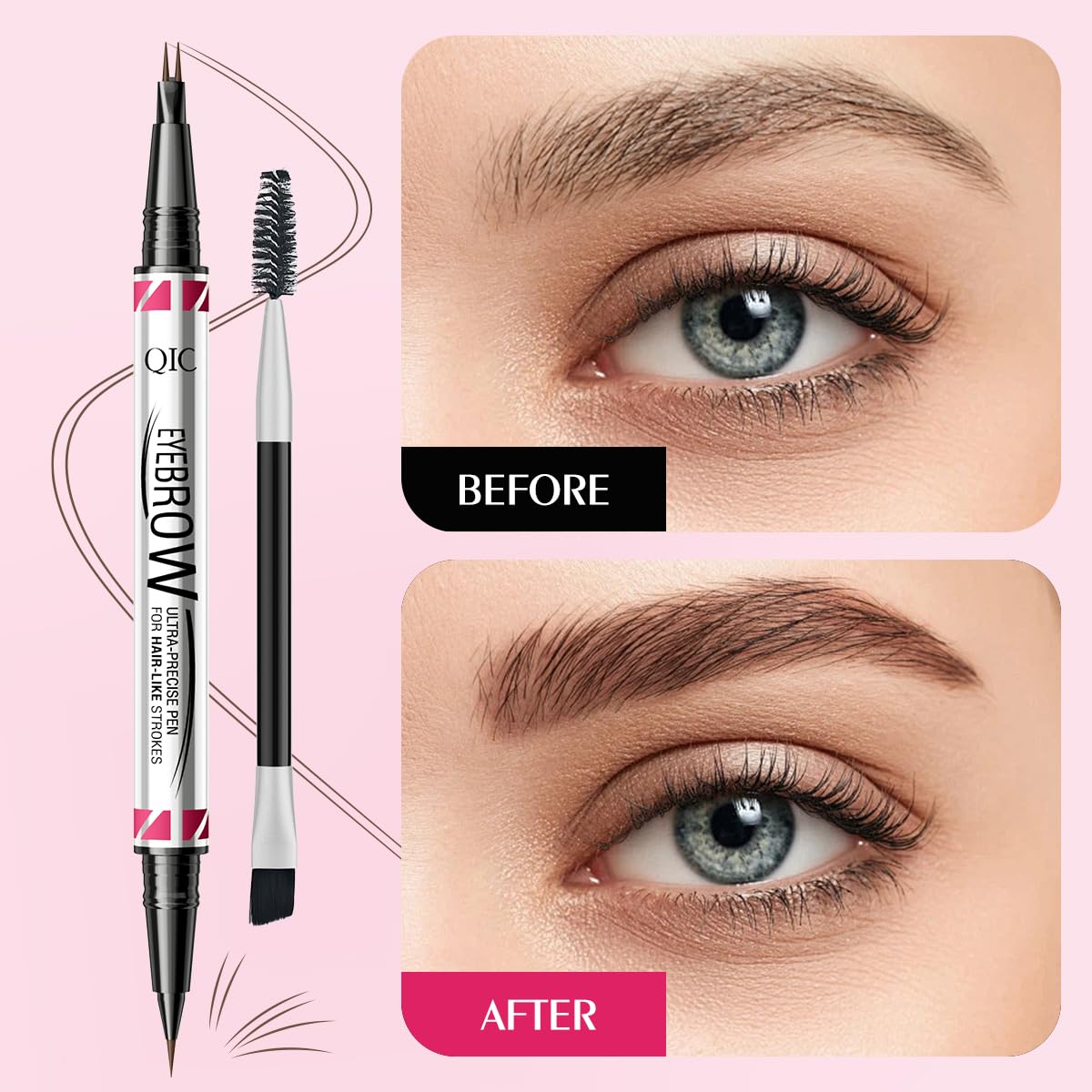 Eyebrow Pencils for Women, 2-in-1 Dual-Ended Microblading Eyebrow Pencil Waterproof with 2 Fork Tip and Spoolie Brush for Hair-Like Natural Brows Eyebrow pen, Non-Dry, Last All-Day (Light Brown)