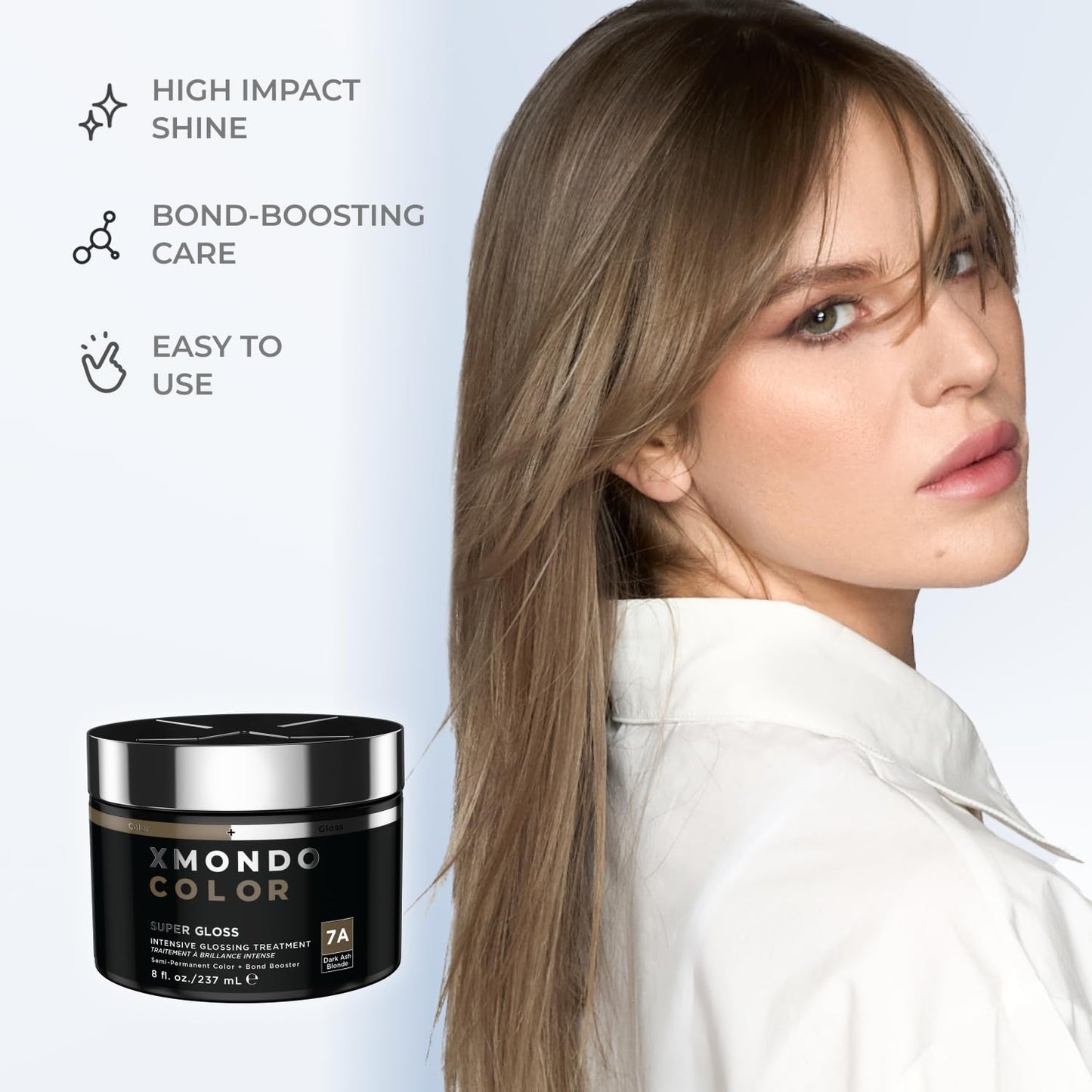 XMONDO Color Dark Ash Blonde Color Depositing Mask & Semi-Permanent Hair Dye Super Gloss Infused with Bond Boosters for Nourishment, Revitalize & Repair, Vegan Formula, 8 Fl Oz