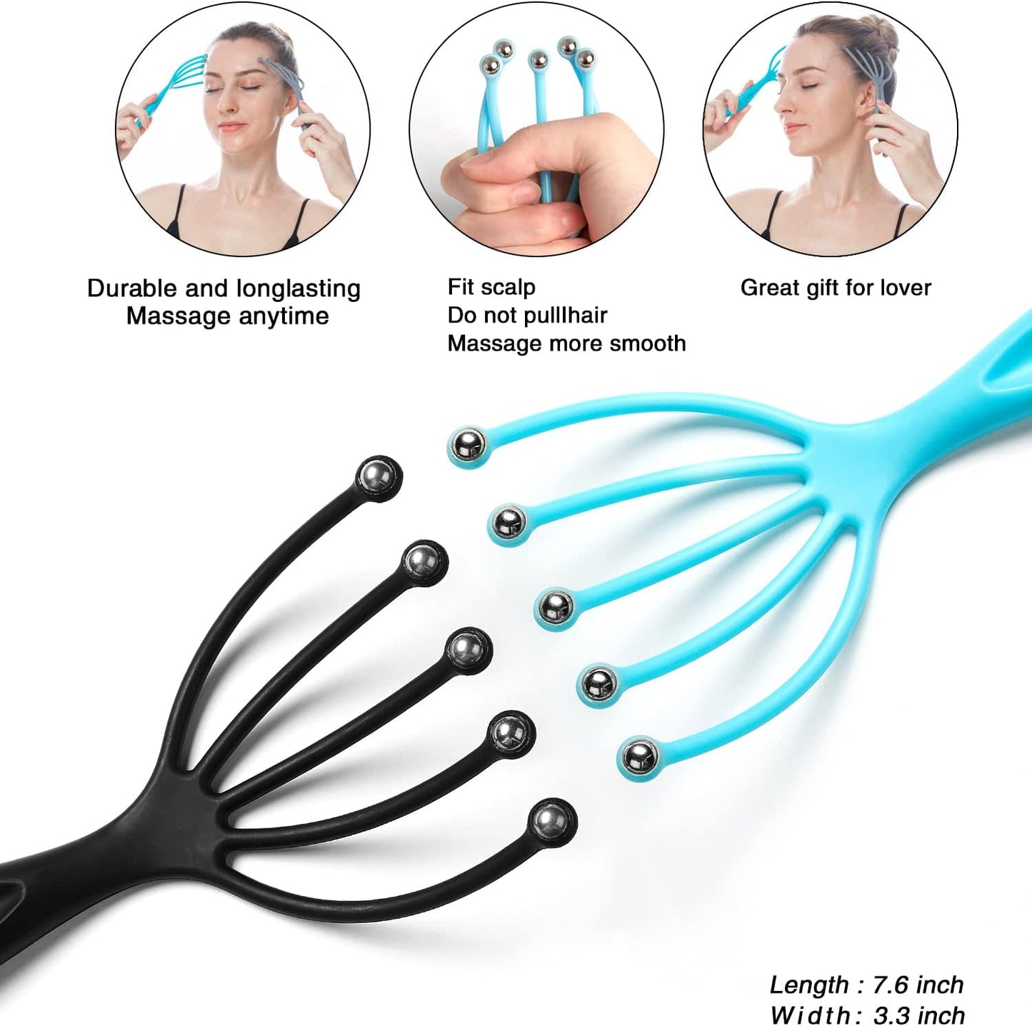 Head Massager,Protable Handheld SPA Scalp Massage Tool for Deep Relaxation & Stress Reduction Wet and Dry in The Office Home SPA (2-Pack) (Black Blue)