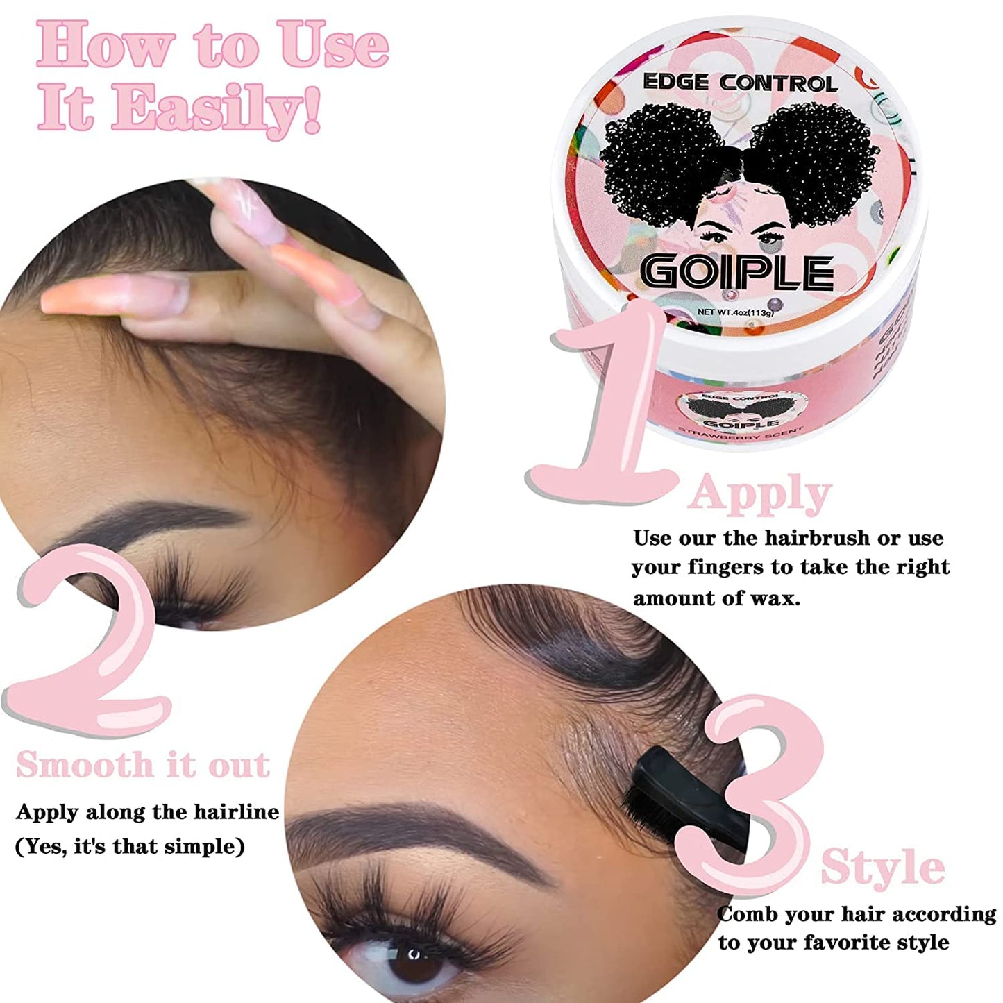 Goiple Edge Control Wax for Women - Strong Hold, Non-greasy Smoother, Strawberry Scent (4oz + Edge Scarf + Hair Bonnet + 2 Edge Brushes)