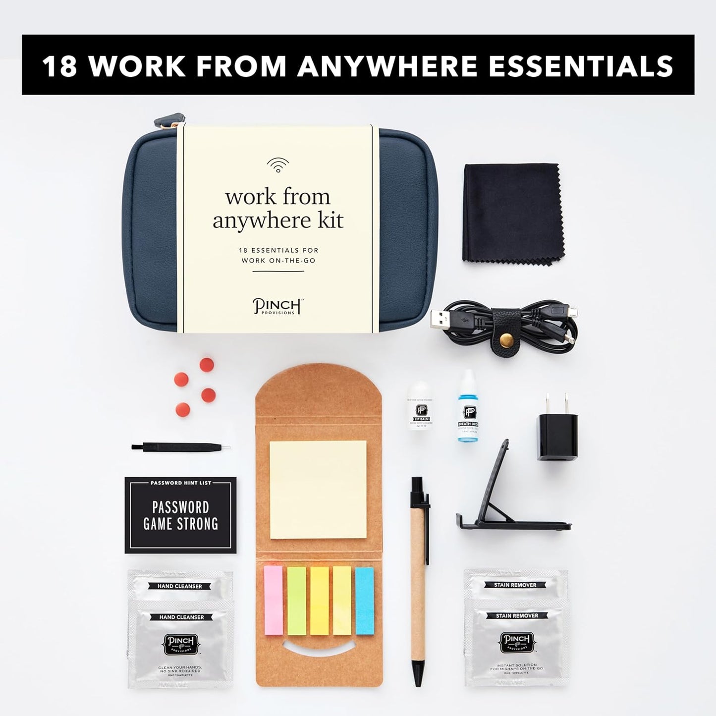 Pinch Provisions Work from Anywhere Kit, Includes 18 Essentials to Help You Stay on Task, Must-Have Essentials, Compact Multi-Functional Vegan Leather Pouch, Navy