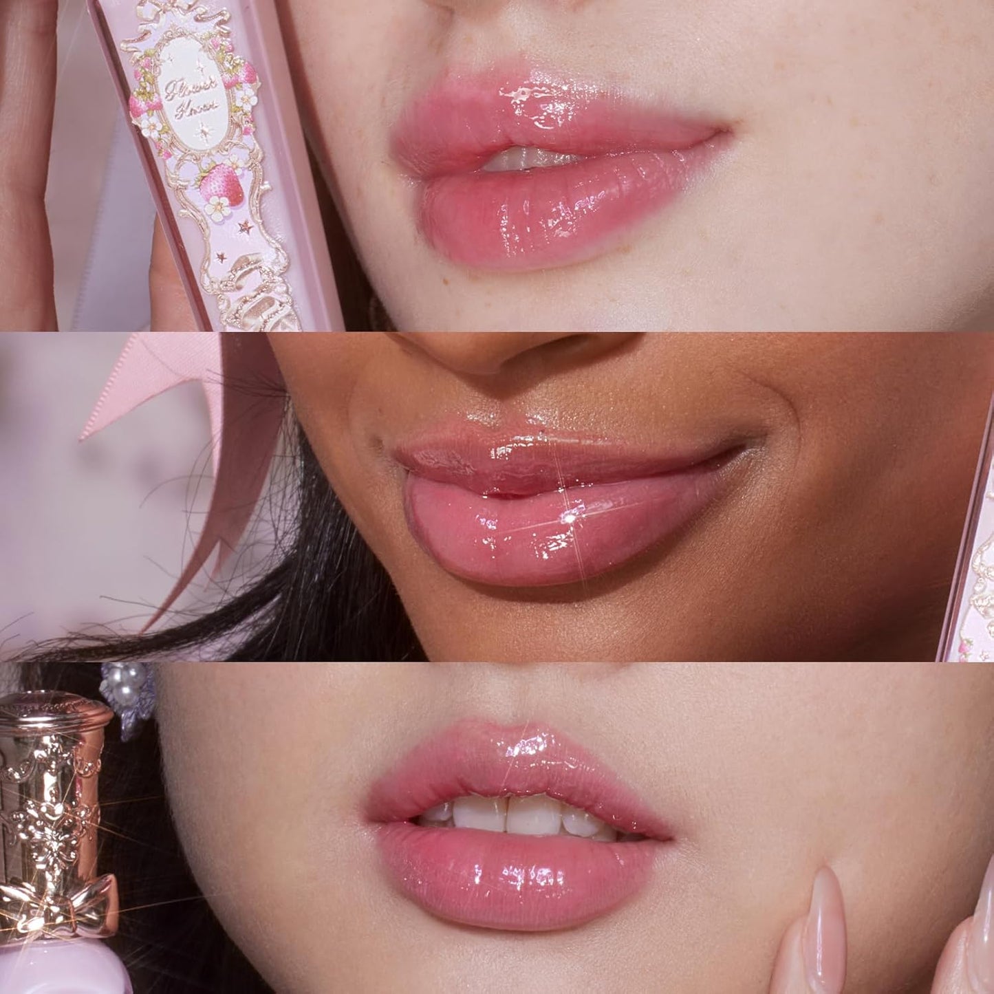 Flower Knows Violet Strawberry Rococo Glowy Lip Gloss,Moisturizing Shimmery Lip Oil,Hydrating Lip Plumper Makeup for Girls&Women,Vegan & Cruelty-Free,0.12 Fl Oz,1 Count(G01 Strawberry Macaron)