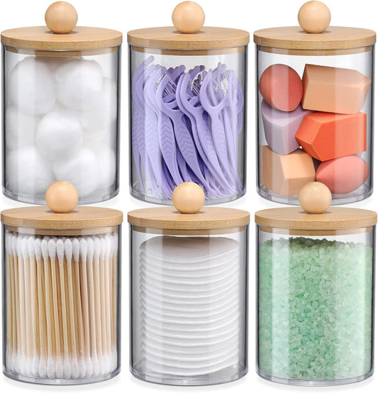 6-Pack Bamboo Qtip Holders - Bathroom Storage for Cotton Balls, Swabs, Pads, Floss