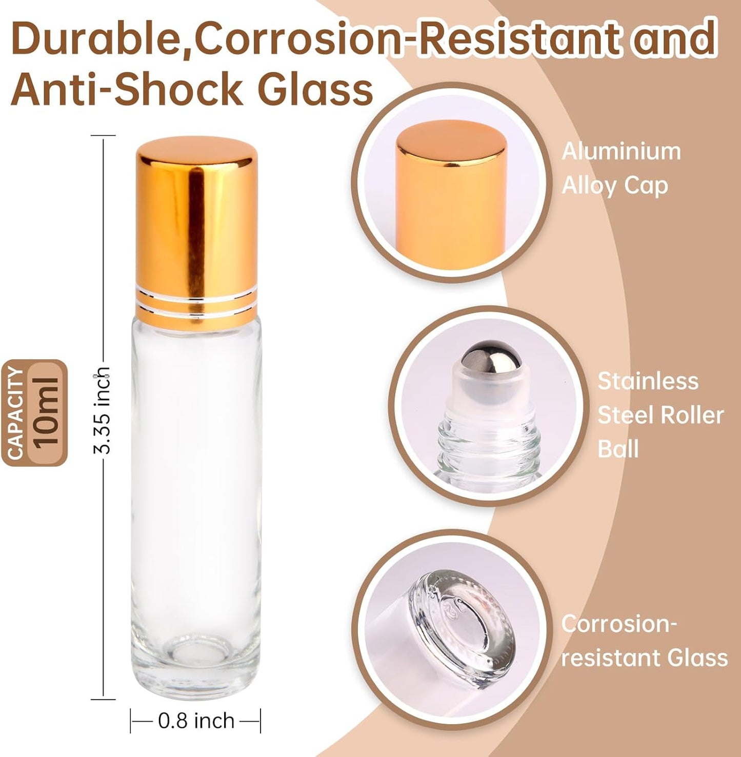 inice 10ml Roller Bottles for Essential Oils Thick Clear Glass Roll on Bottle Applicator Stainless Steel Ball Metal Cap Daily Care (Clear Rolelr Bottles)