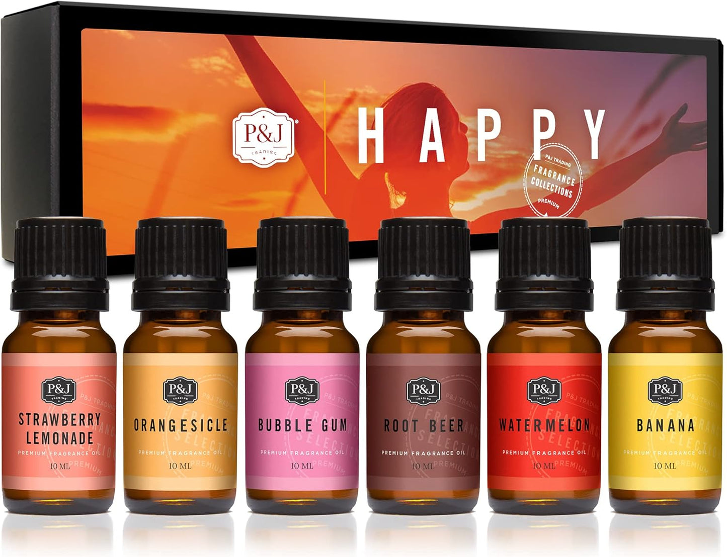 P&J Trading Happy Set of 6 Fragrance Oils - Root Beer, Watermelon, Banana, Strawberry Lemonade, Orangesicle, Bubble Gum Scented Oils for Candle Scents, Soap Making, Diffuser Oil