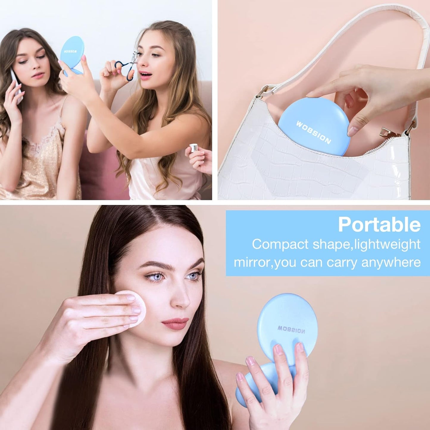 WOBSION Travel Compact Mirror,Portable 1x/10x LED Makeup Mirror with Magnification,Handheld 2-Sided Pocket Mirror, 3.5in Small Mirror for Purse,Handbag,Gifts,Blue