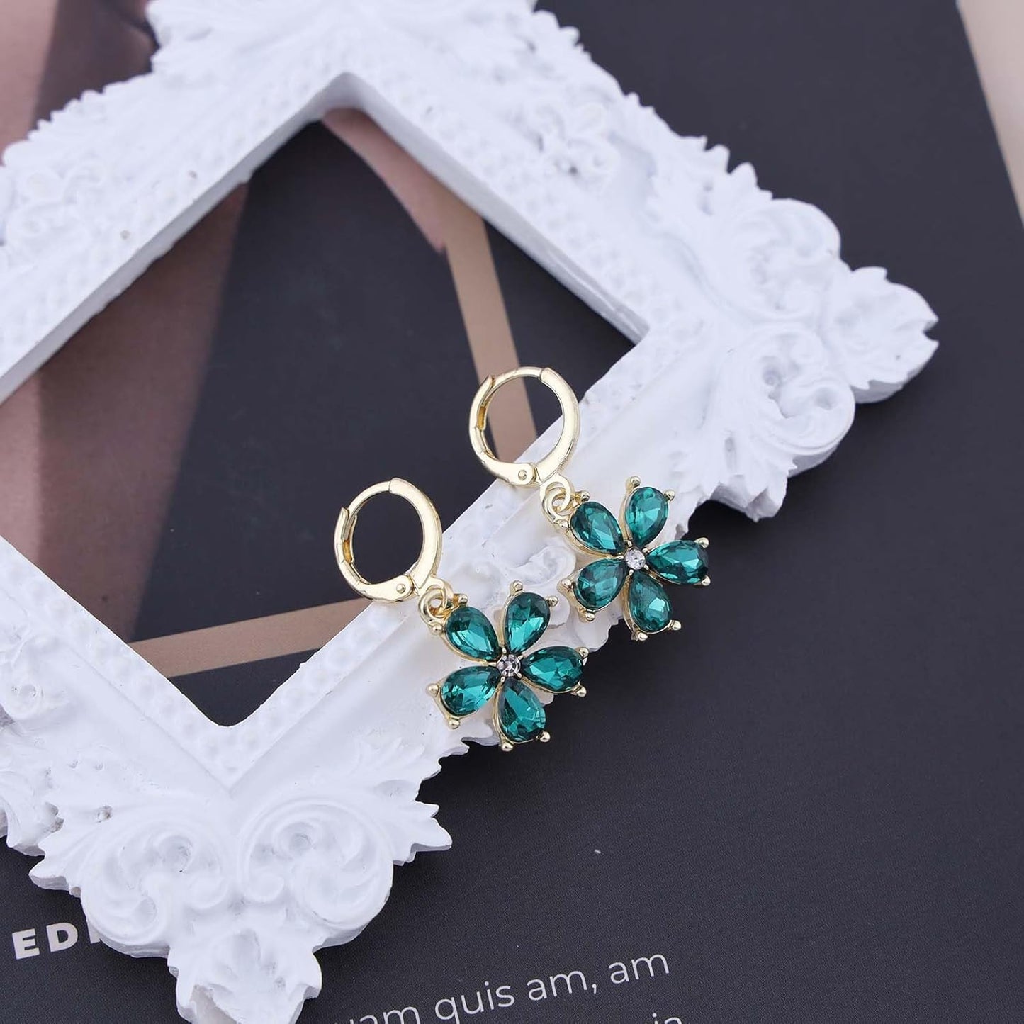 Vintage Emerald Flower Drop Earrings Green Crystal Flower Earrings Cz Flower Dangle Earrings Gold Huggie Hoop Earrings Jewelry for Women and Girls
