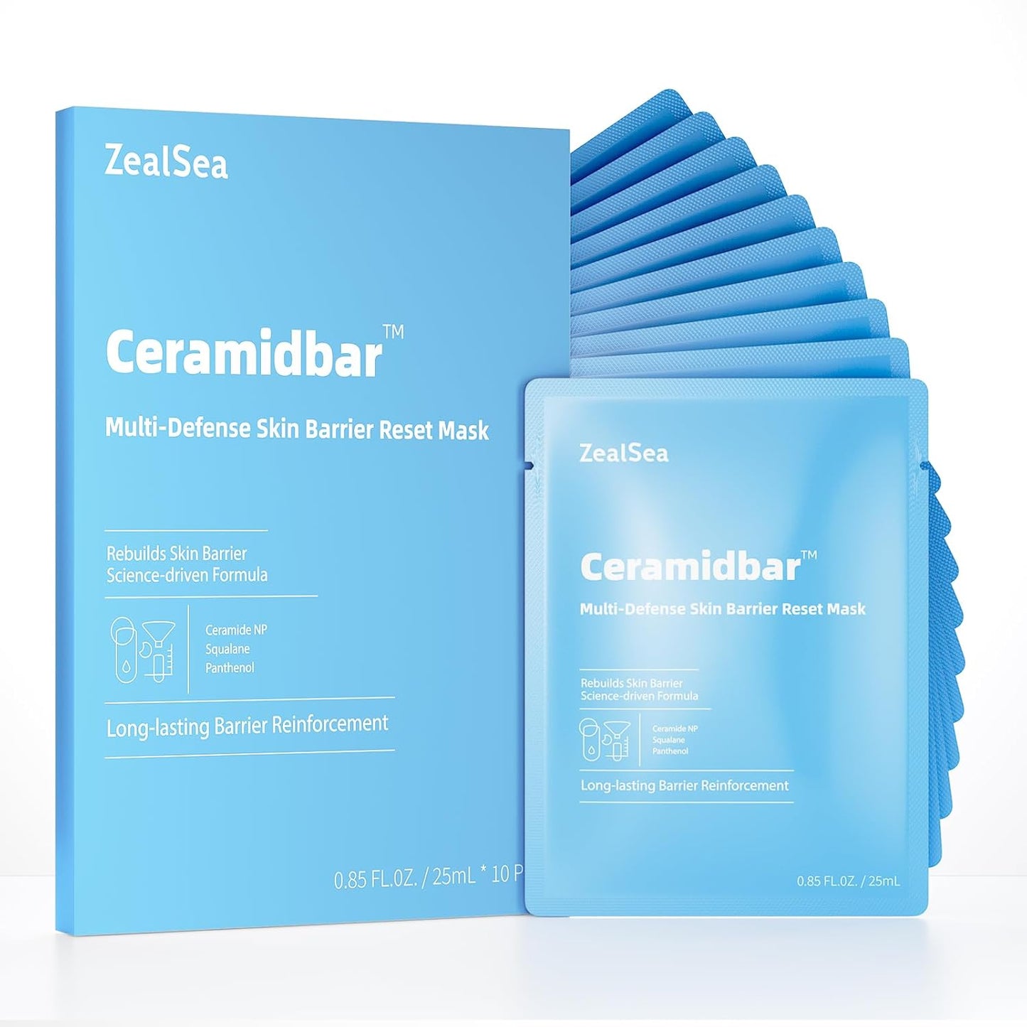 ZealSea Ceramidbar Face Masks Skincare Set, Derm Solution Sheet Mask for Multi-Trigger Sensitivity, Soothing & Calming, Strengthen & Restore Skin, Facial Mask with Cica & Ceramide, 10 Pack