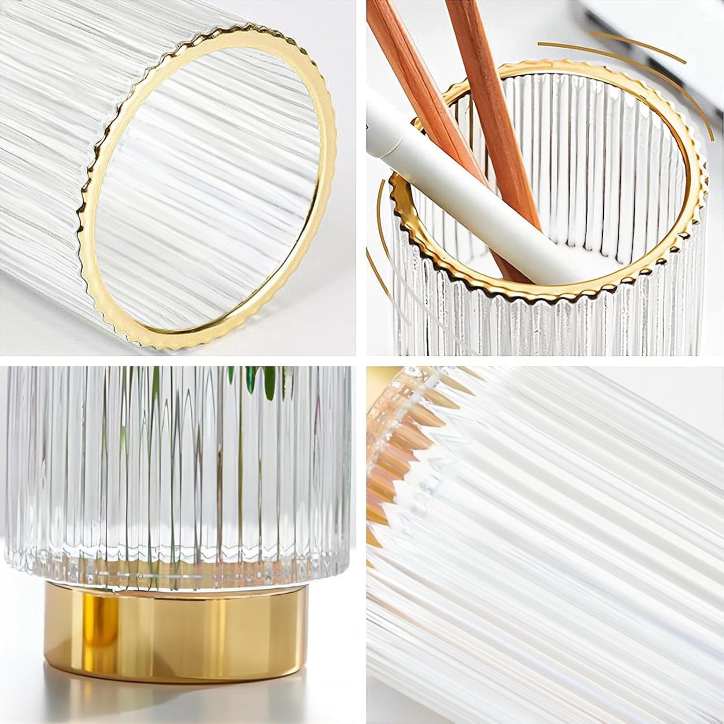 DASITON Makeup Brush holder Organizer,Crystal Cosmetic Makeup Brush Glass Brushes Storage Holder, Vintage Make Up Brush Cup Pen Pencil Holder striped vase(Clear S+L)